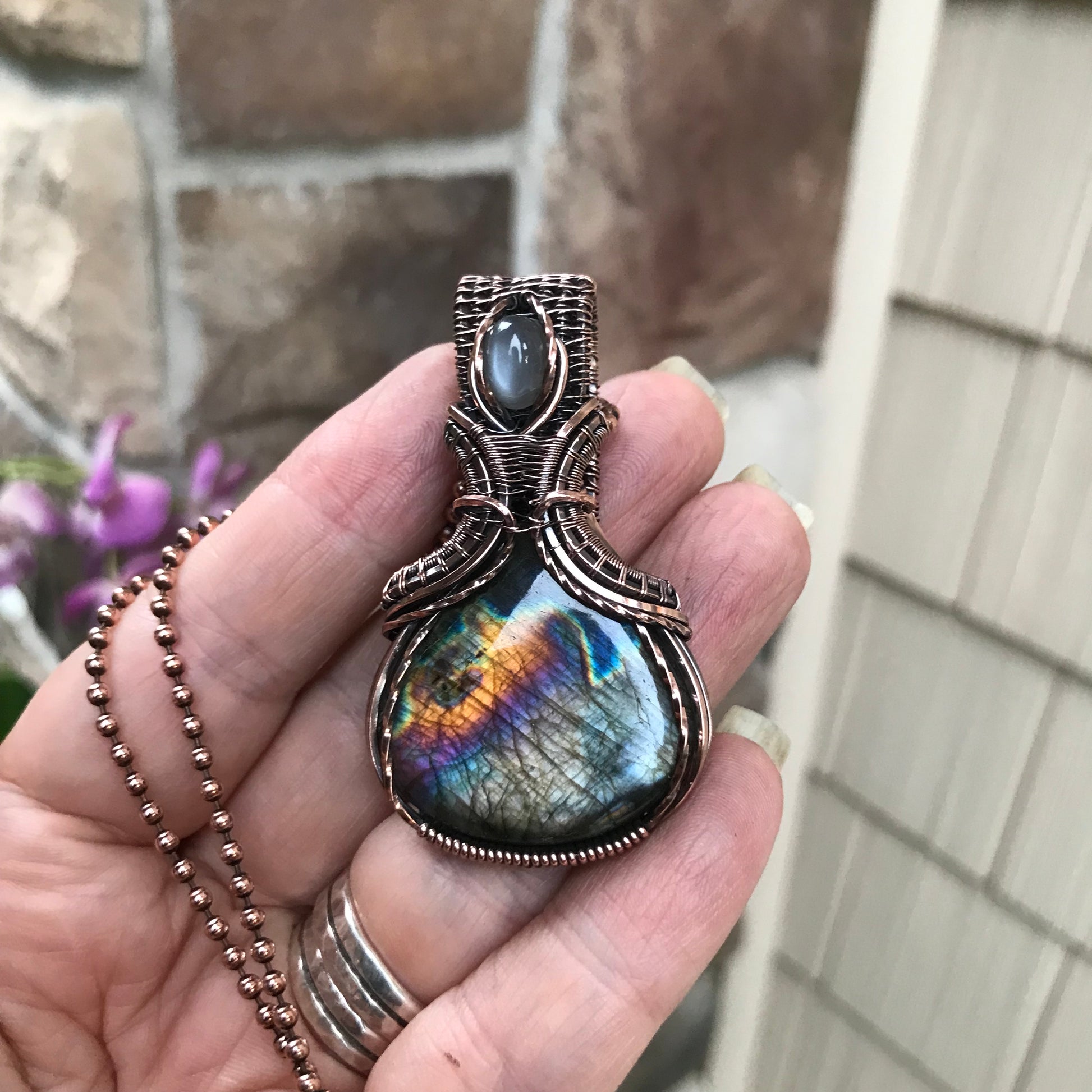 Silver Black Rainbow Labradorite & Gray Moonstone Copper Pendant
