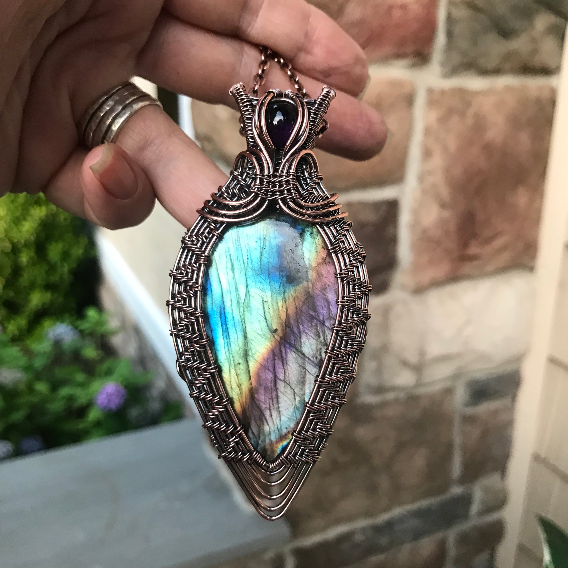 Teal Purple Labradorite & Amethyst Copper Woven Pendant