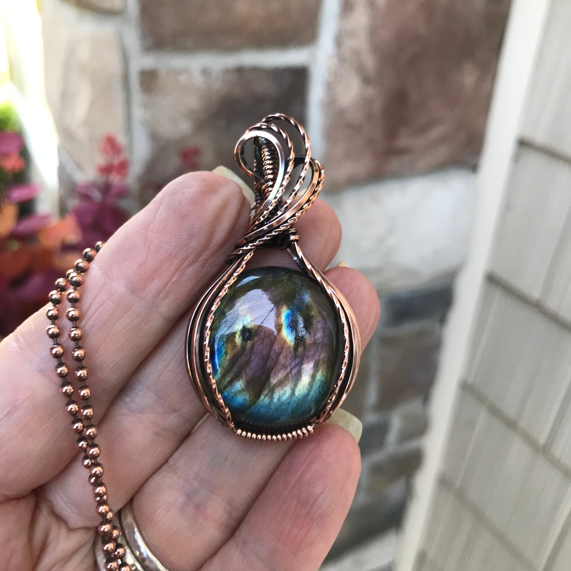 Rainbow Labradorite Round Copper Pendant