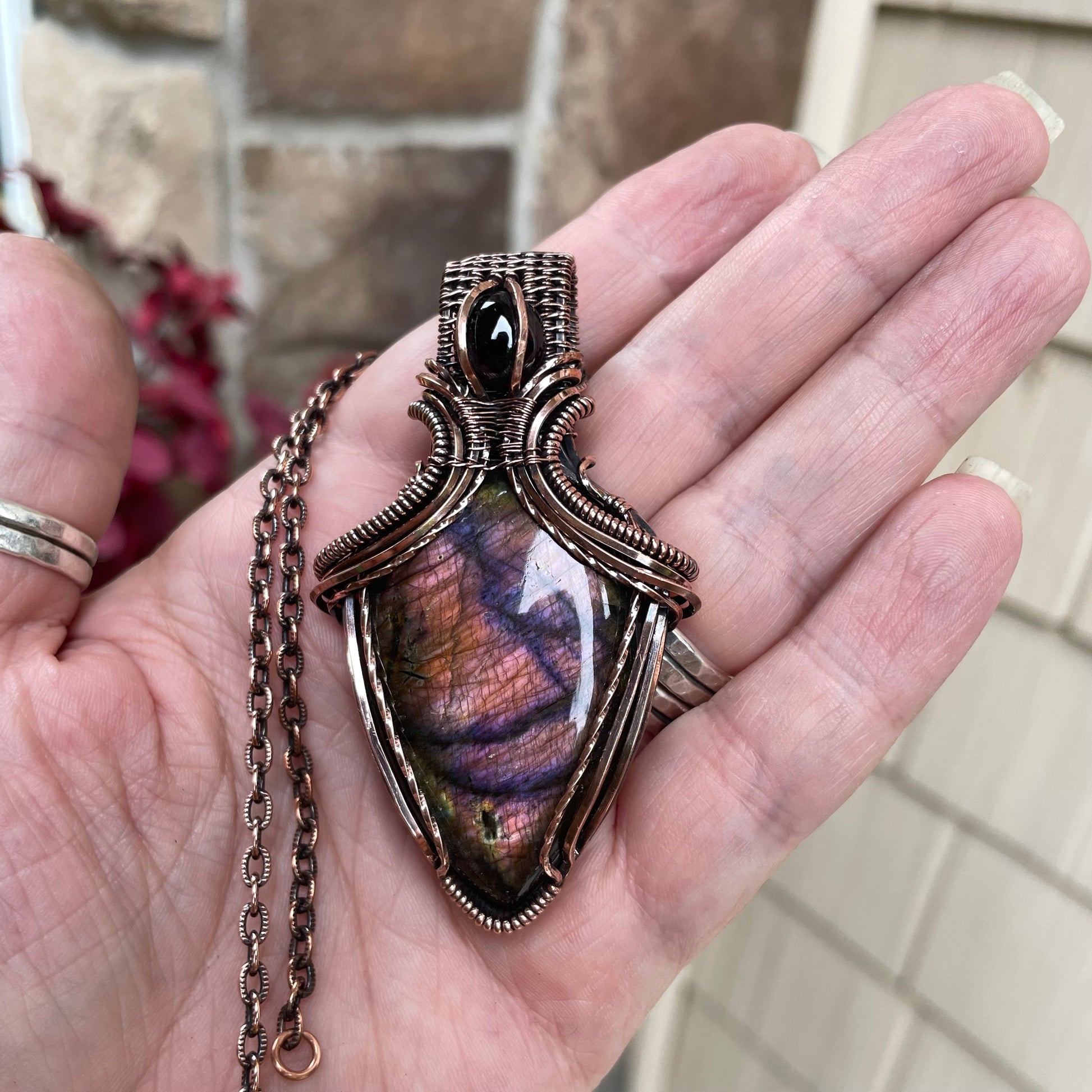 Maroon Purple Labradorite & Garnet Copper Pendant with Weaving