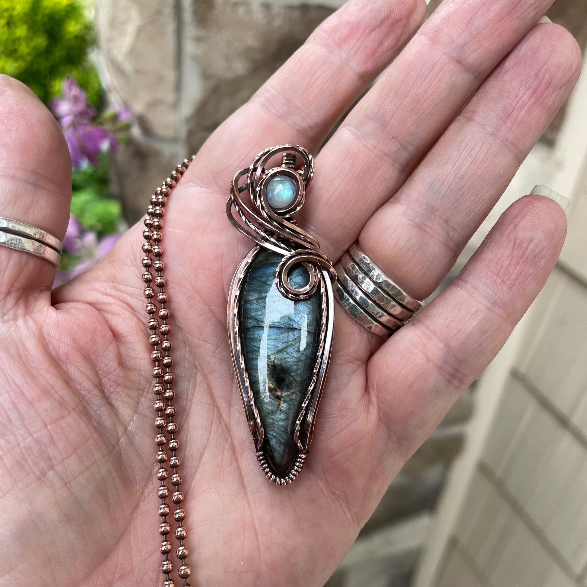 Slate Blue Slender Labradorite & Moonstone Copper Pendant