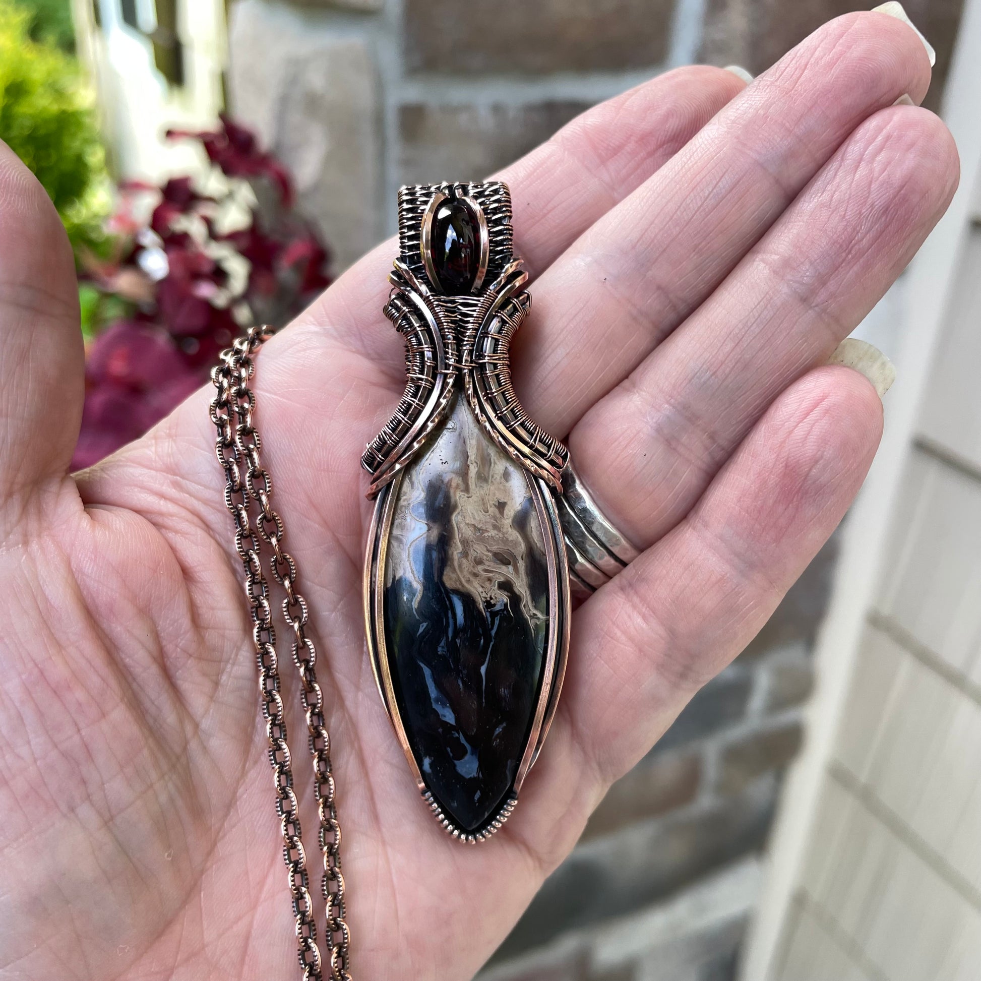 Petrified Palm Wood & Garnet Copper Pendant