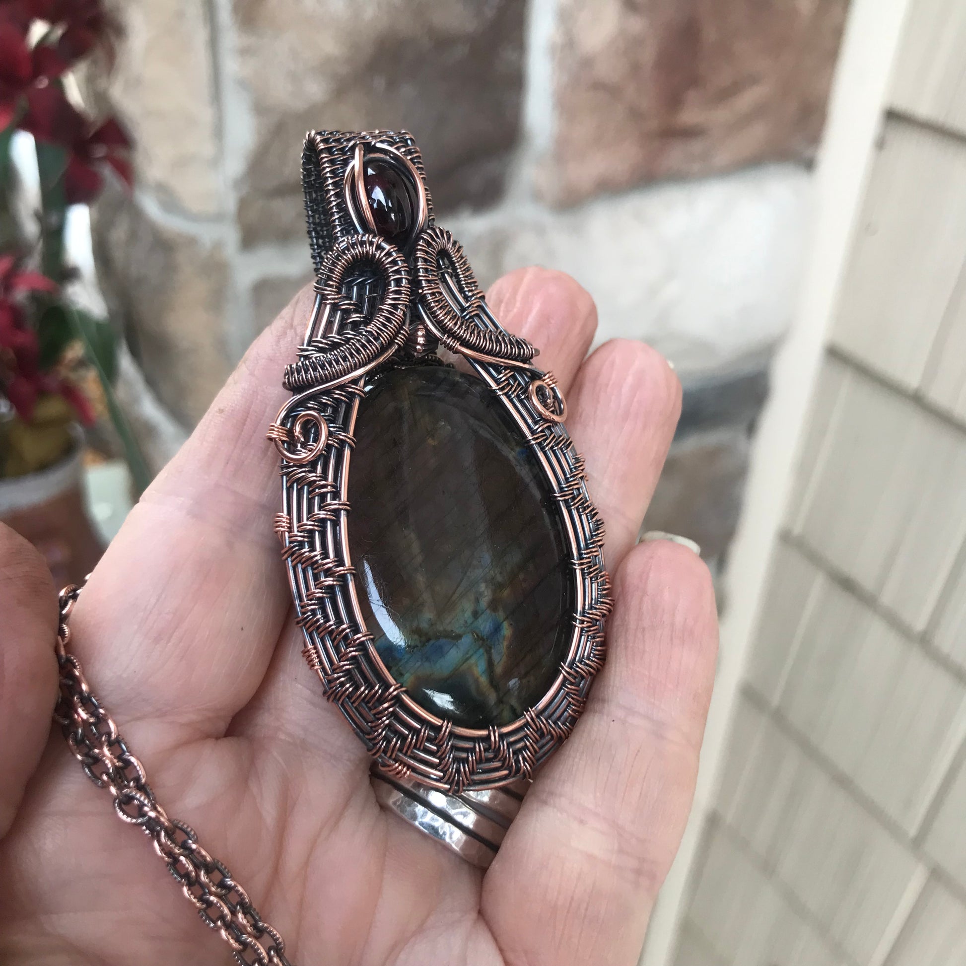 Purple Pink Labradorite with Garnet Woven Copper Pendant
