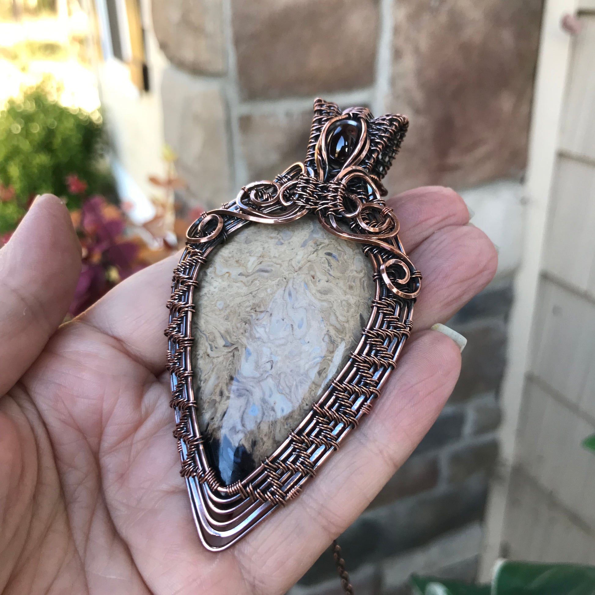 Petrified Palm Root & Garnet Copper Woven Necklace