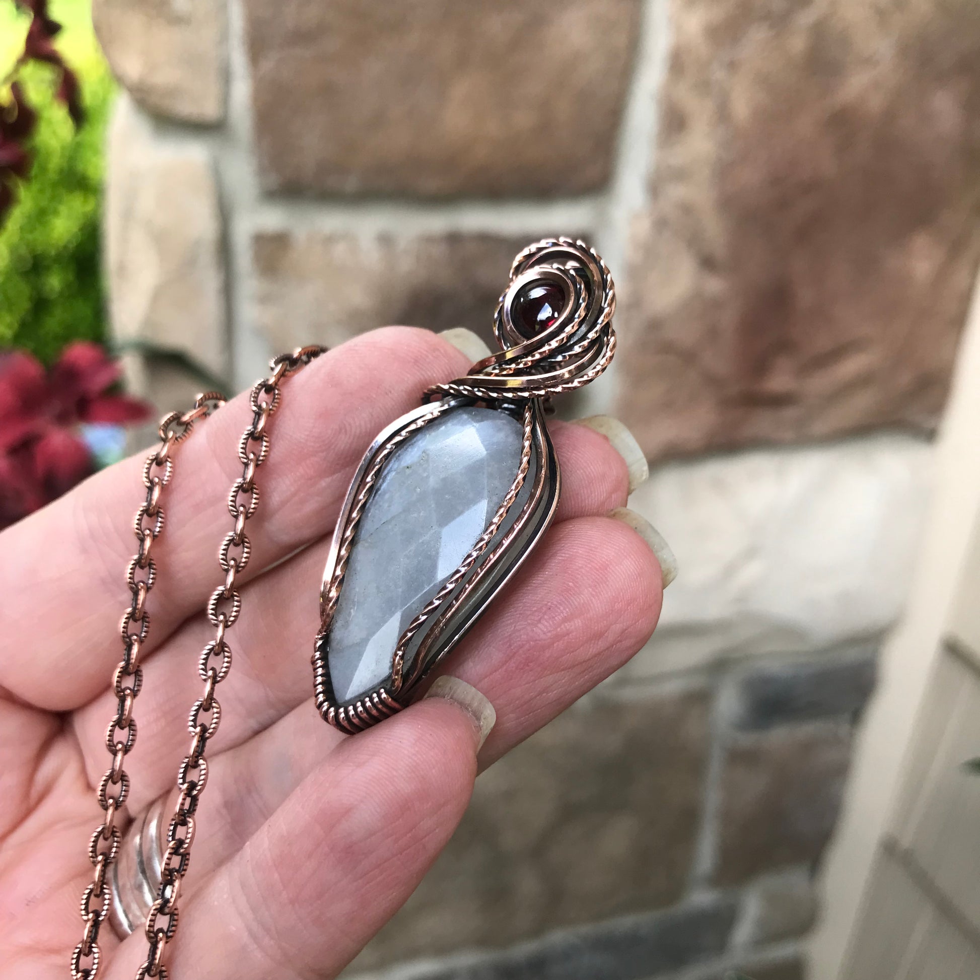 Gray Faceted Moonstone with Garnet Copper Necklace