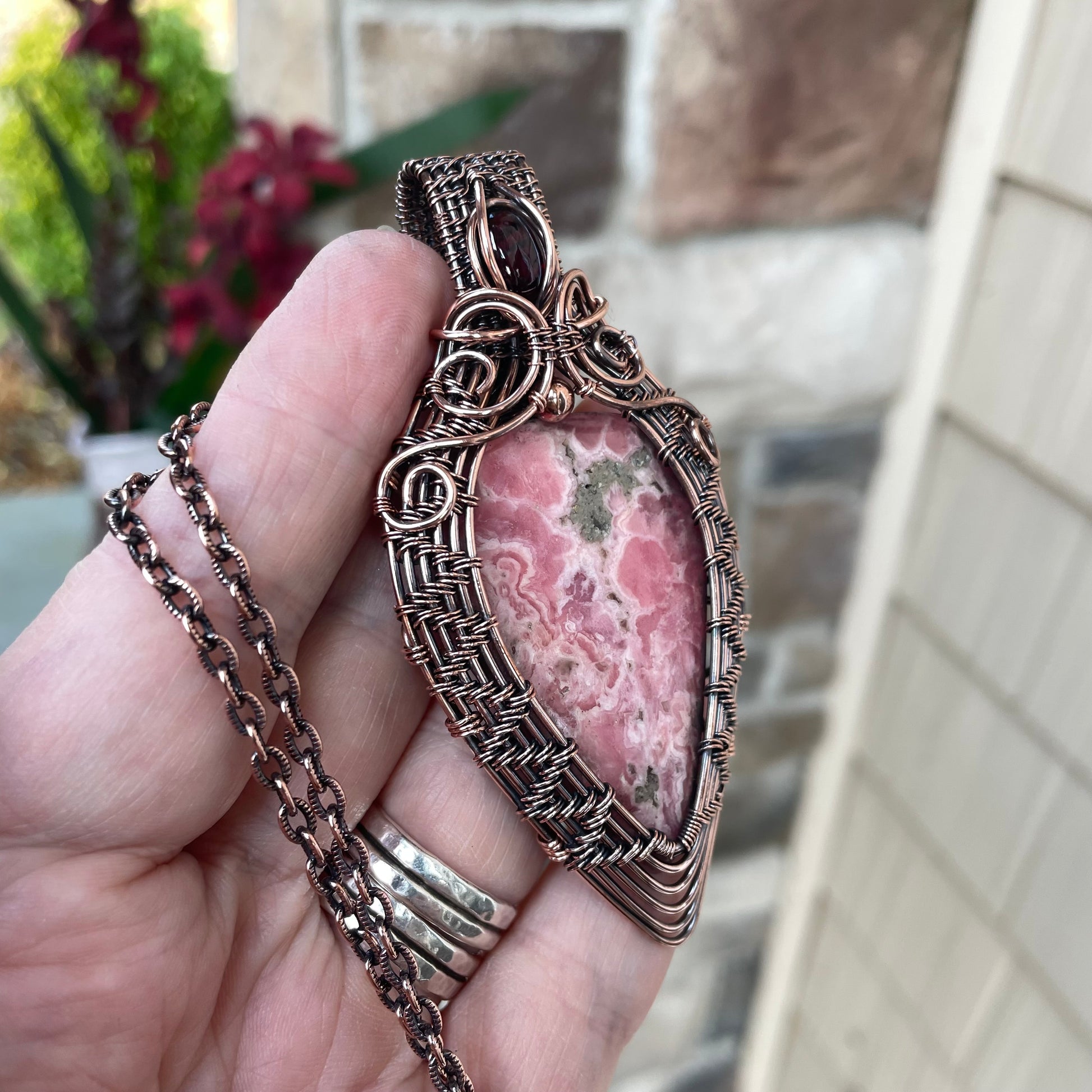 Rhodochrosite & Garnet Woven Copper Pendant