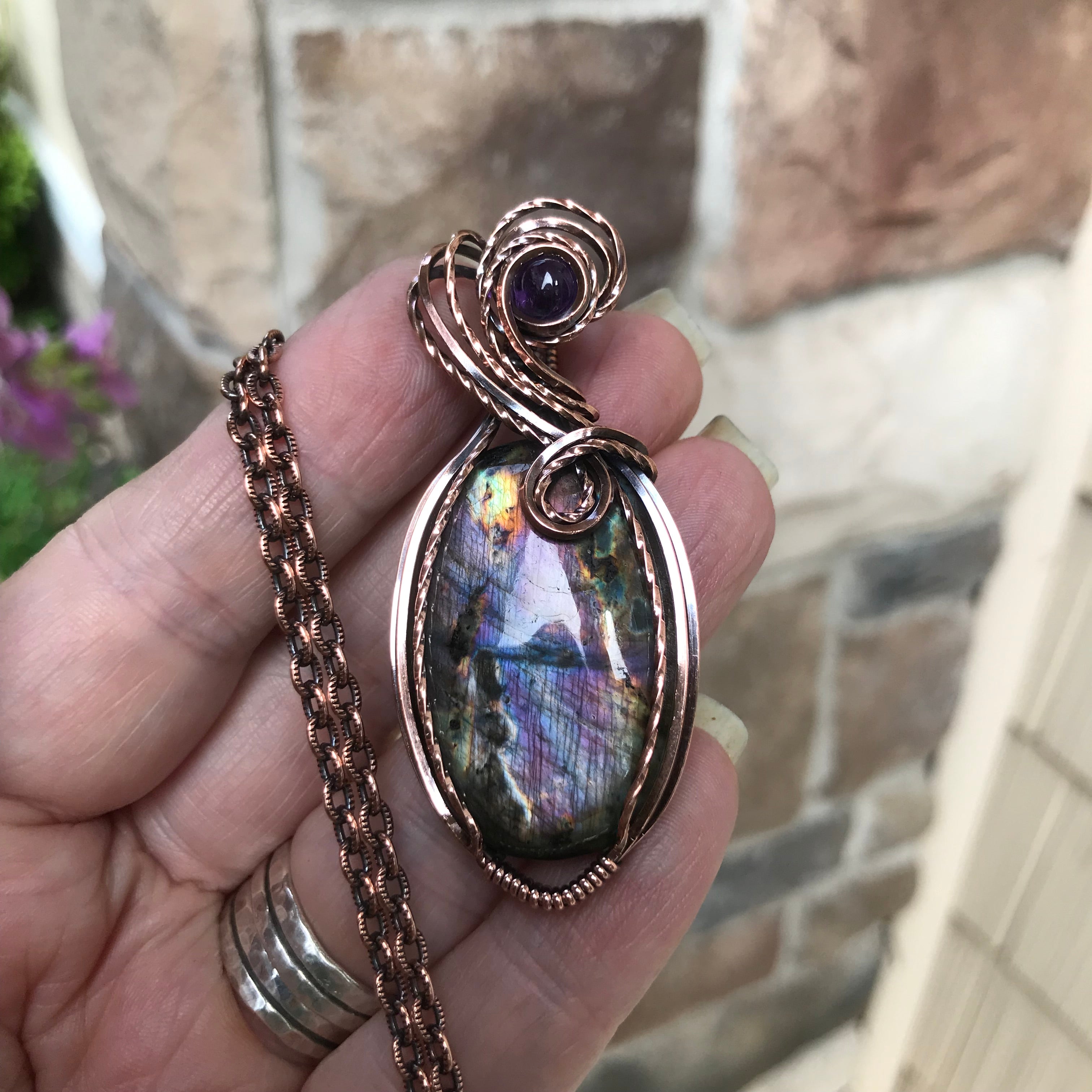 Smoky Purple Rainbow Labradorite & Amethyst Oval Copper Pendant
