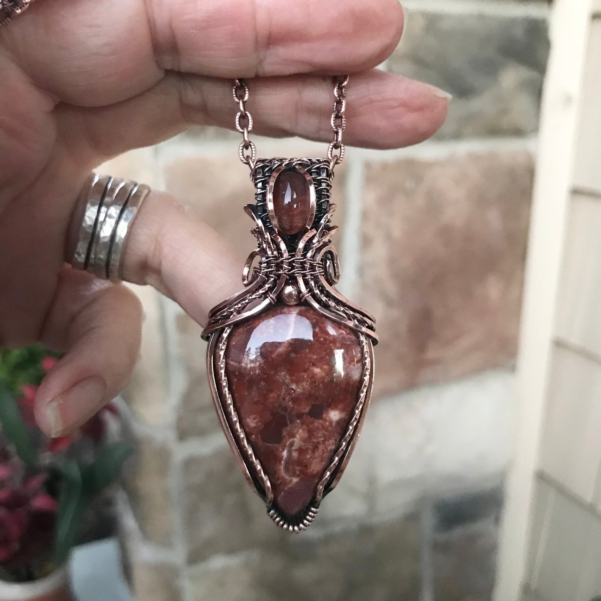 Wildeye Jasper & Sunstone Pendant in Oxidized Copper