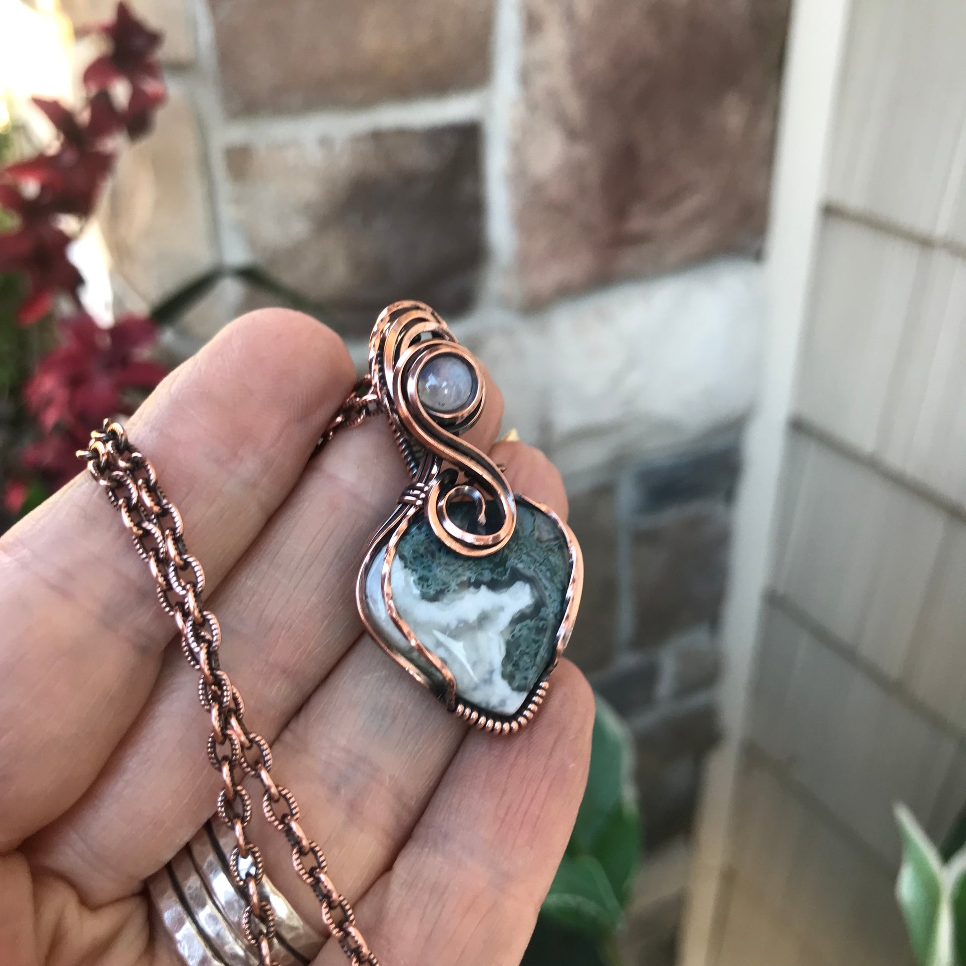 Teal Moss Agate Small Copper Pendant