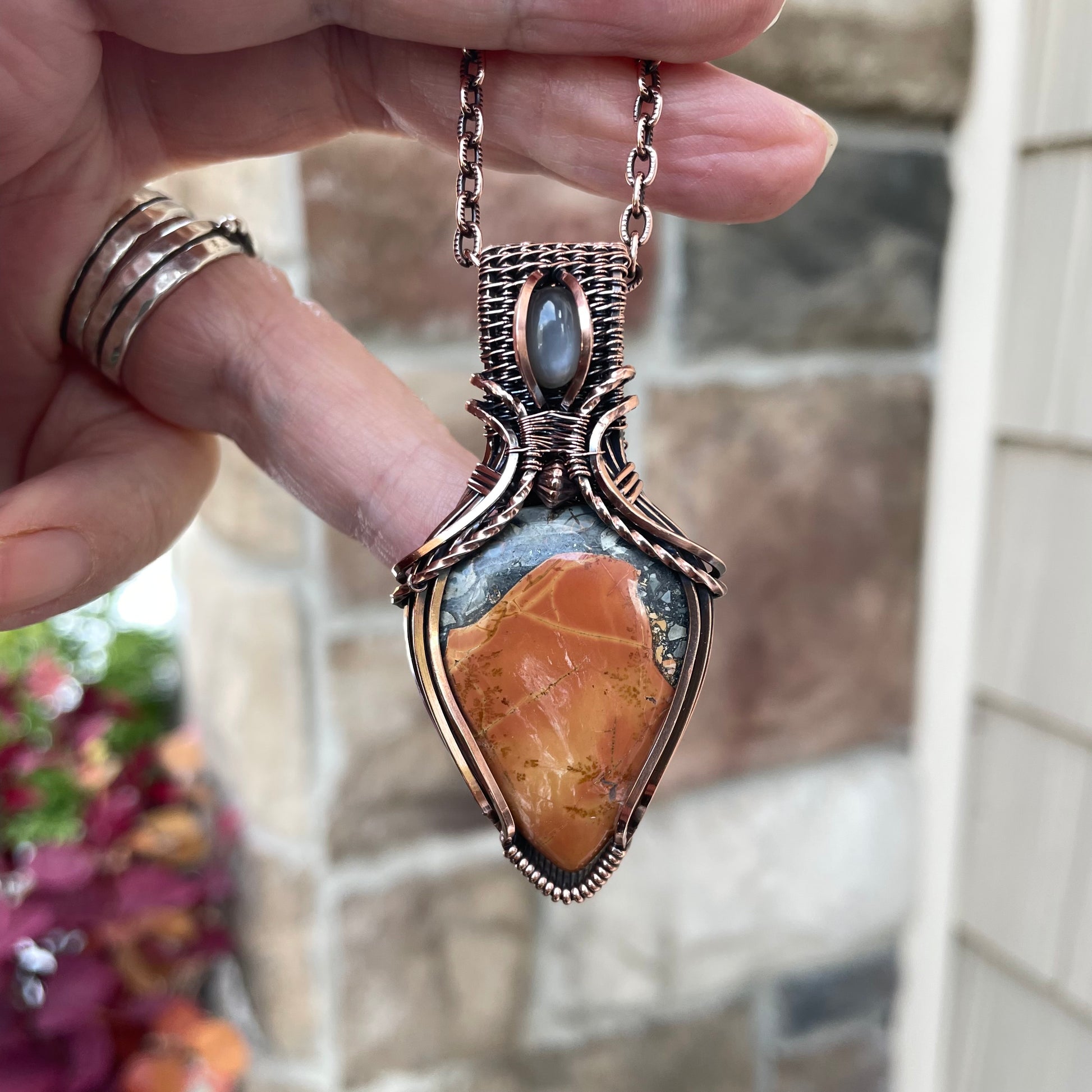 Maligano Jasper & Gray Moonstone Copper Pendant with Weaving