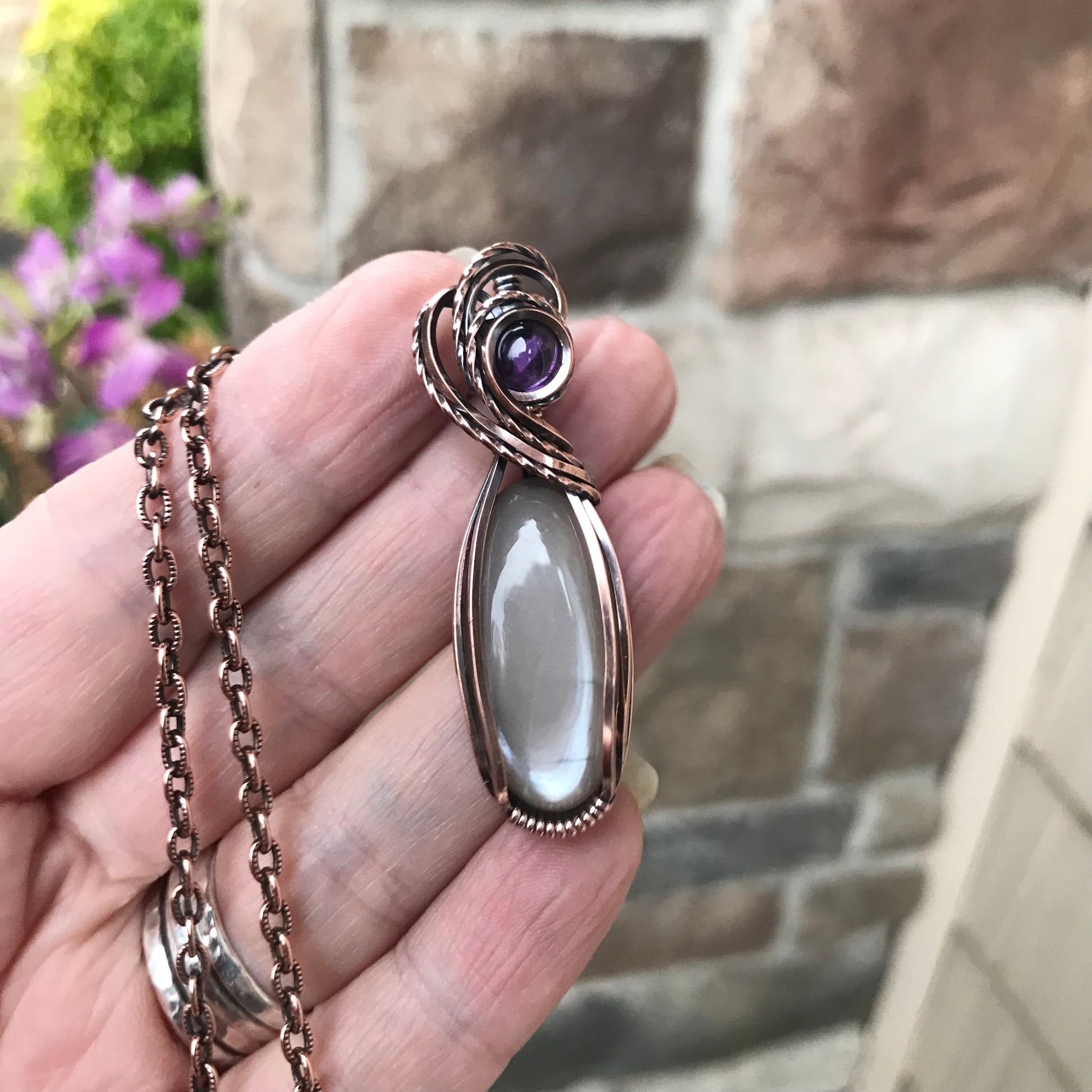 Gray Moonstone & Amethyst Copper Necklace
