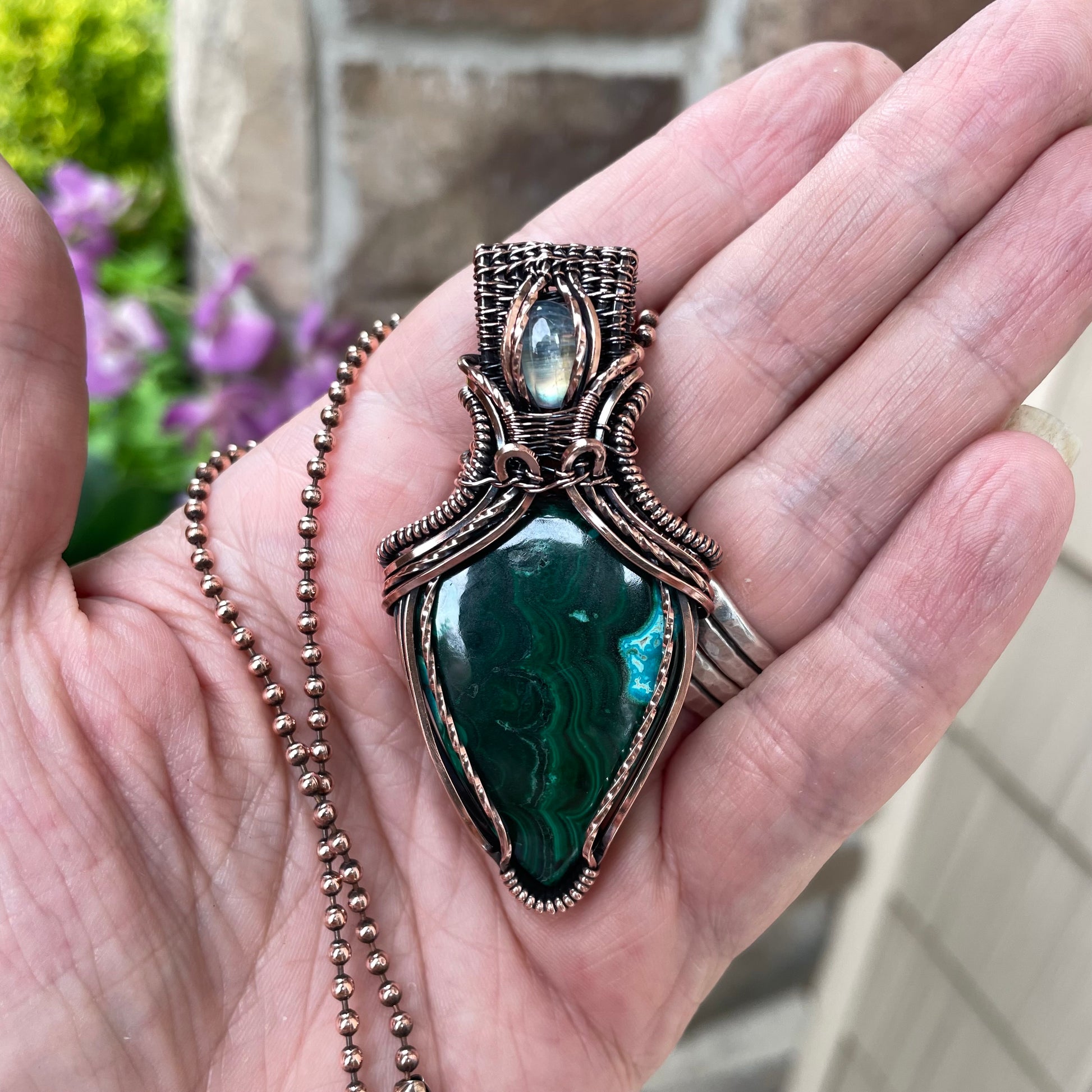 Malachite Chrysocolla & Moonstone Copper Pendant with Weaving