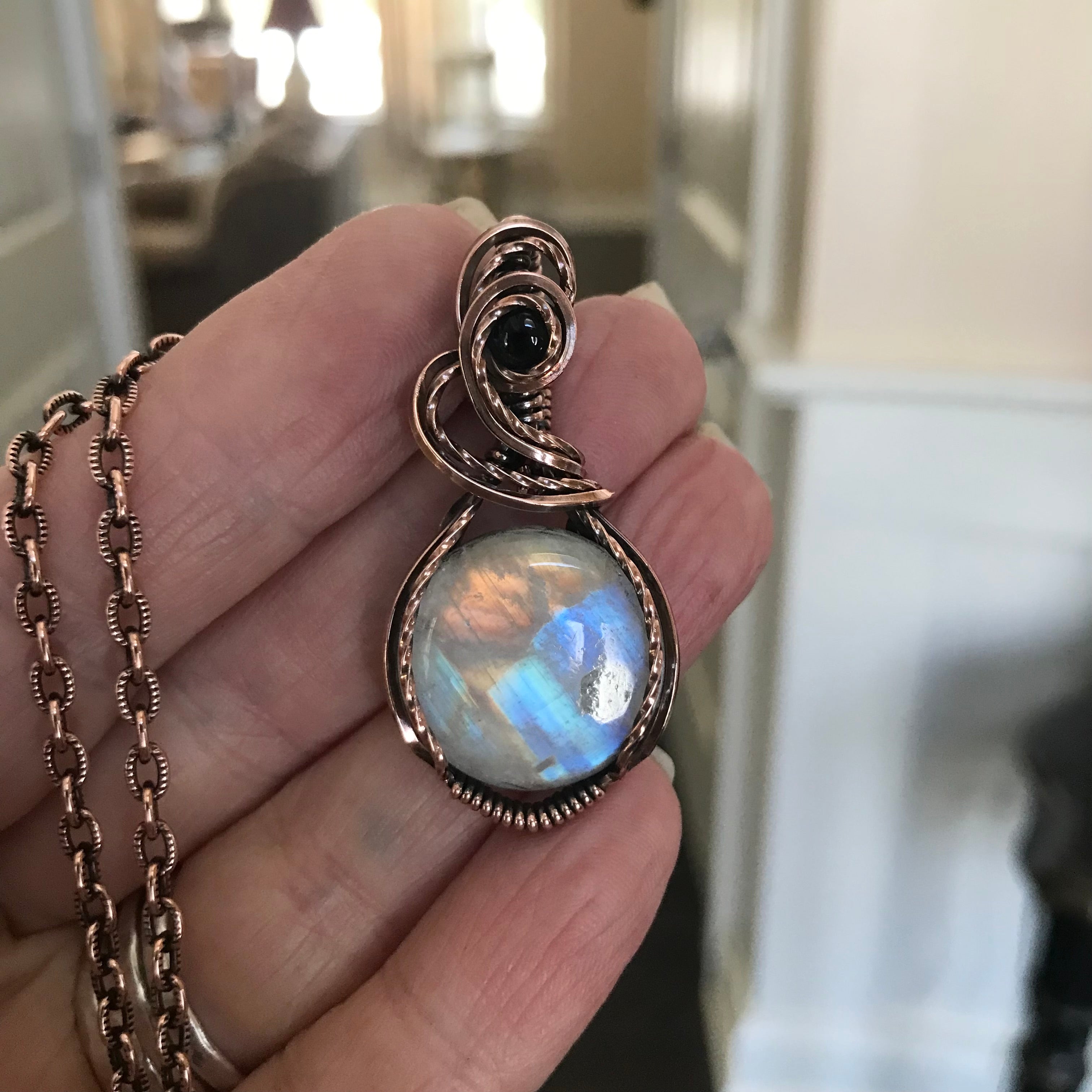 Rainbow Moonstone & Iolite Copper Pendant