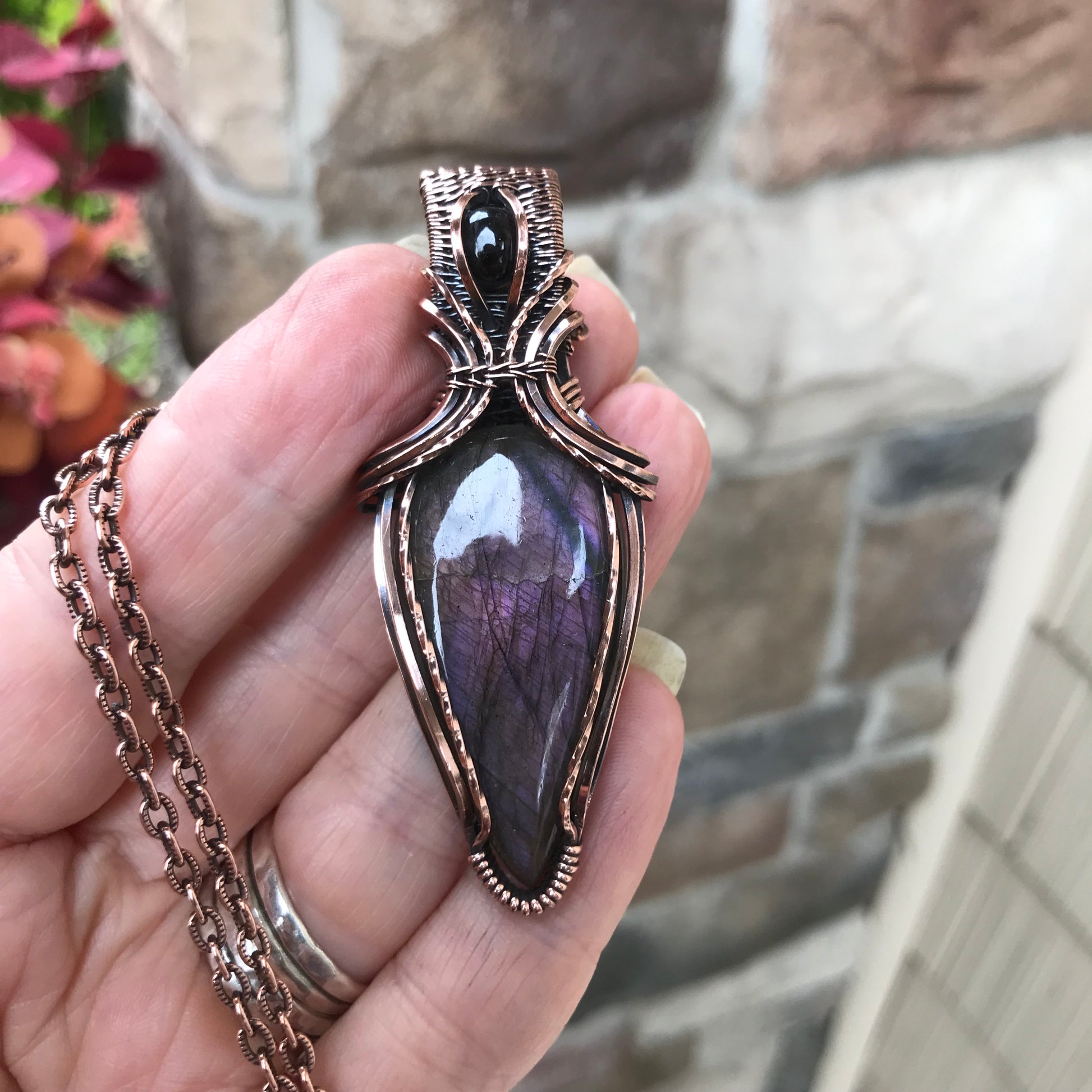 Purple Labradorite & Garnet Copper Pendant with Weaving