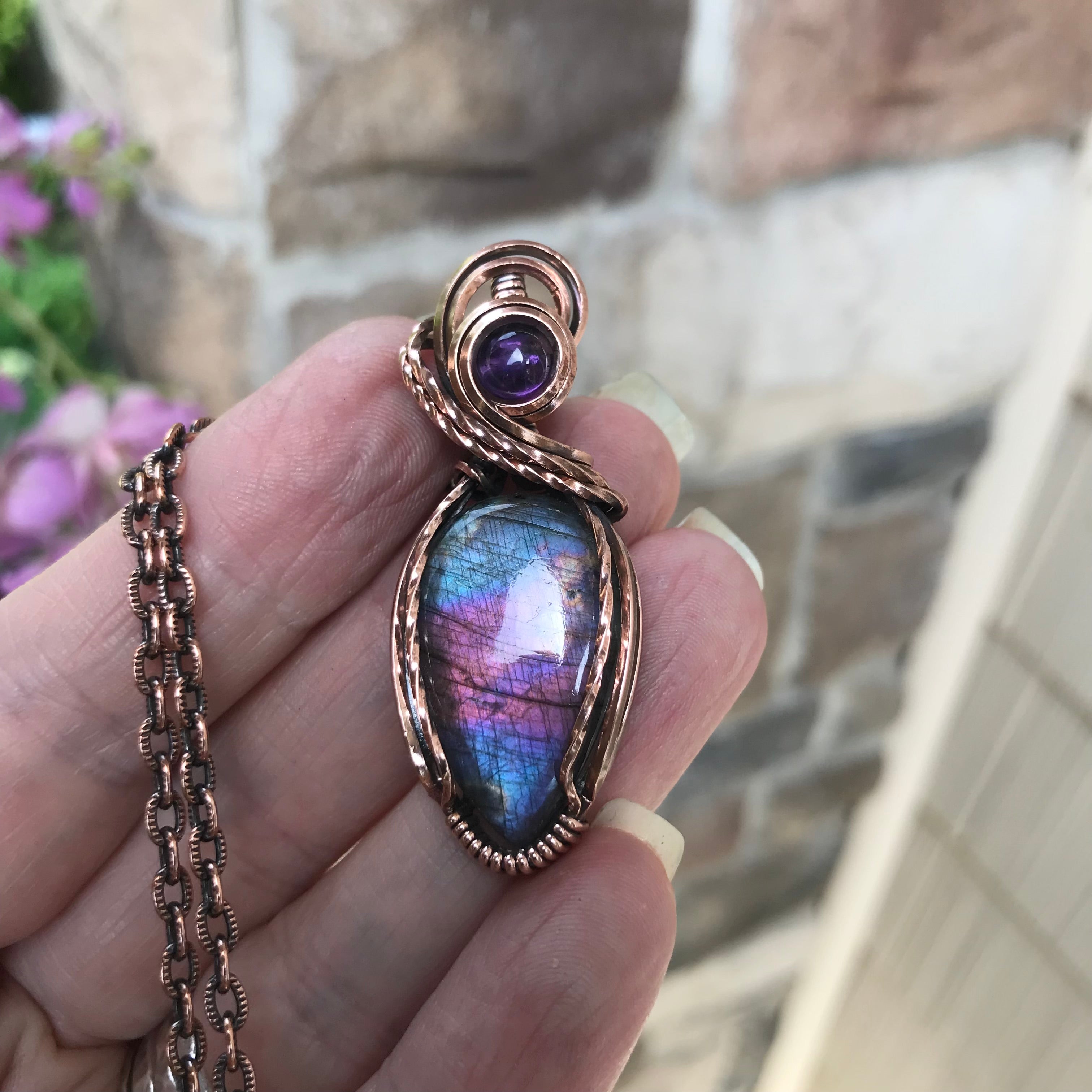 Blue Pink Labradorite & Amethyst Copper Necklace