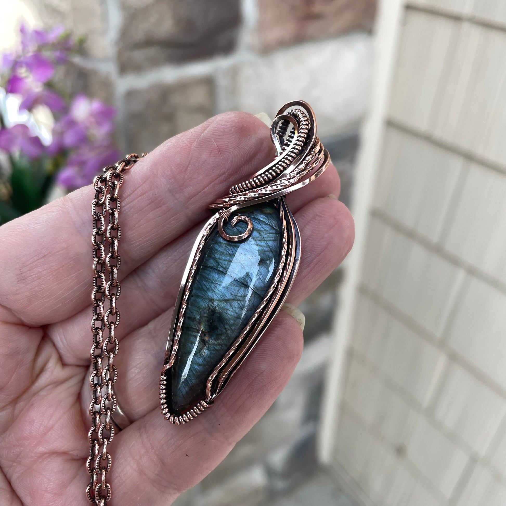 Slate Blue Slender Labradorite Copper Pendant
