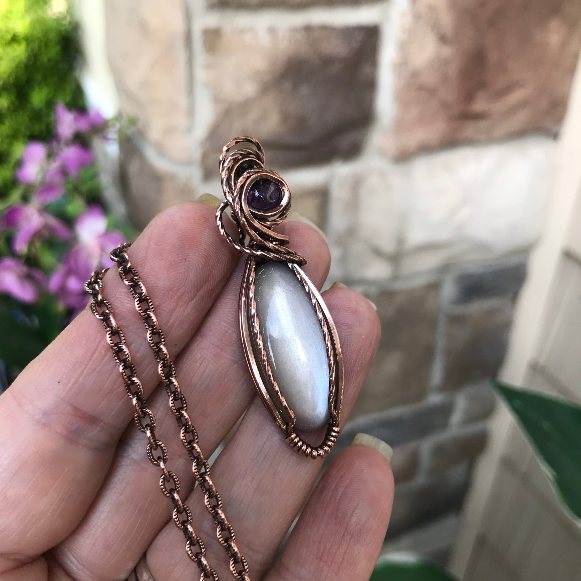 Gray Moonstone & Amethyst Slender Oval Copper Necklace