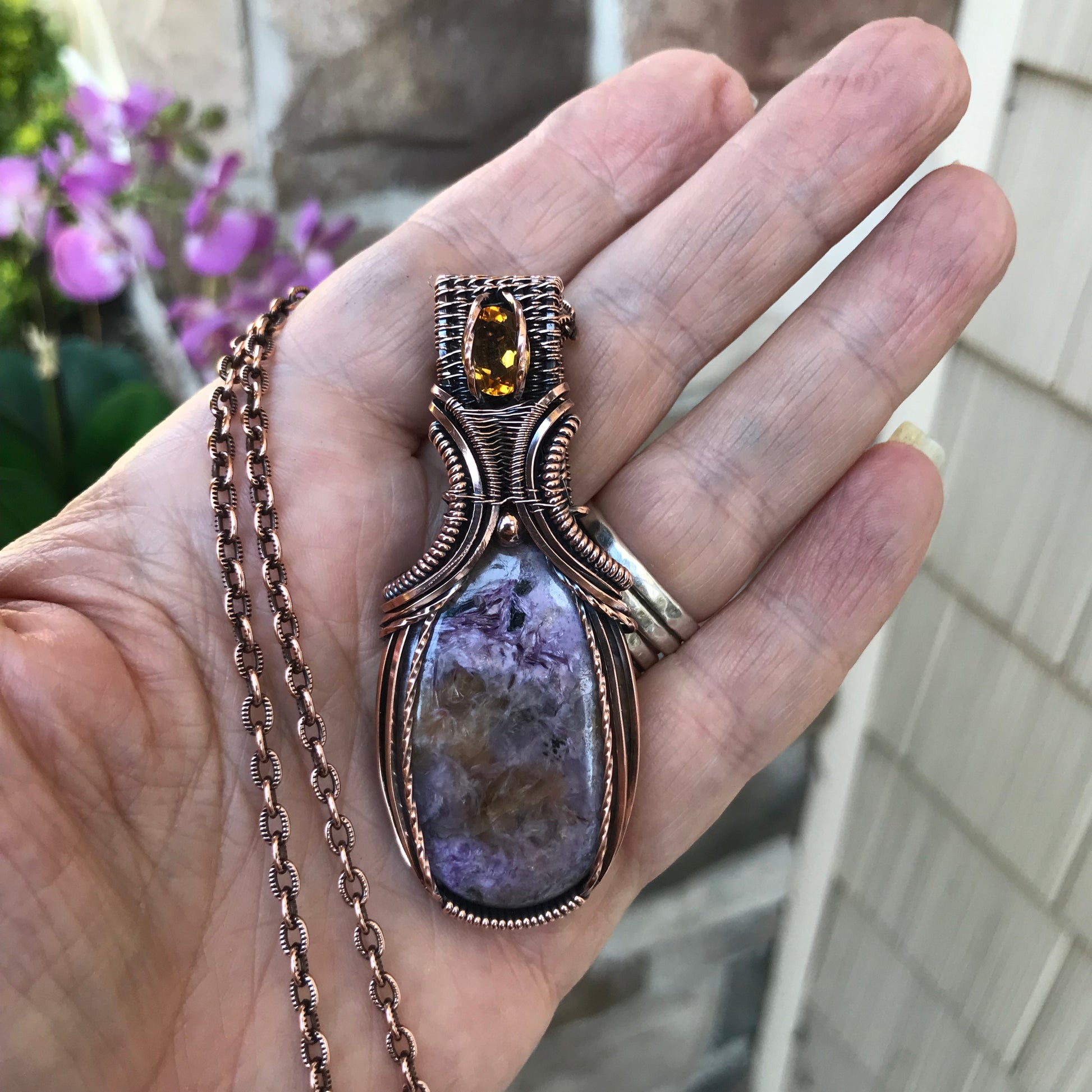 Charoite & Citrine Copper Pendant with Weaving