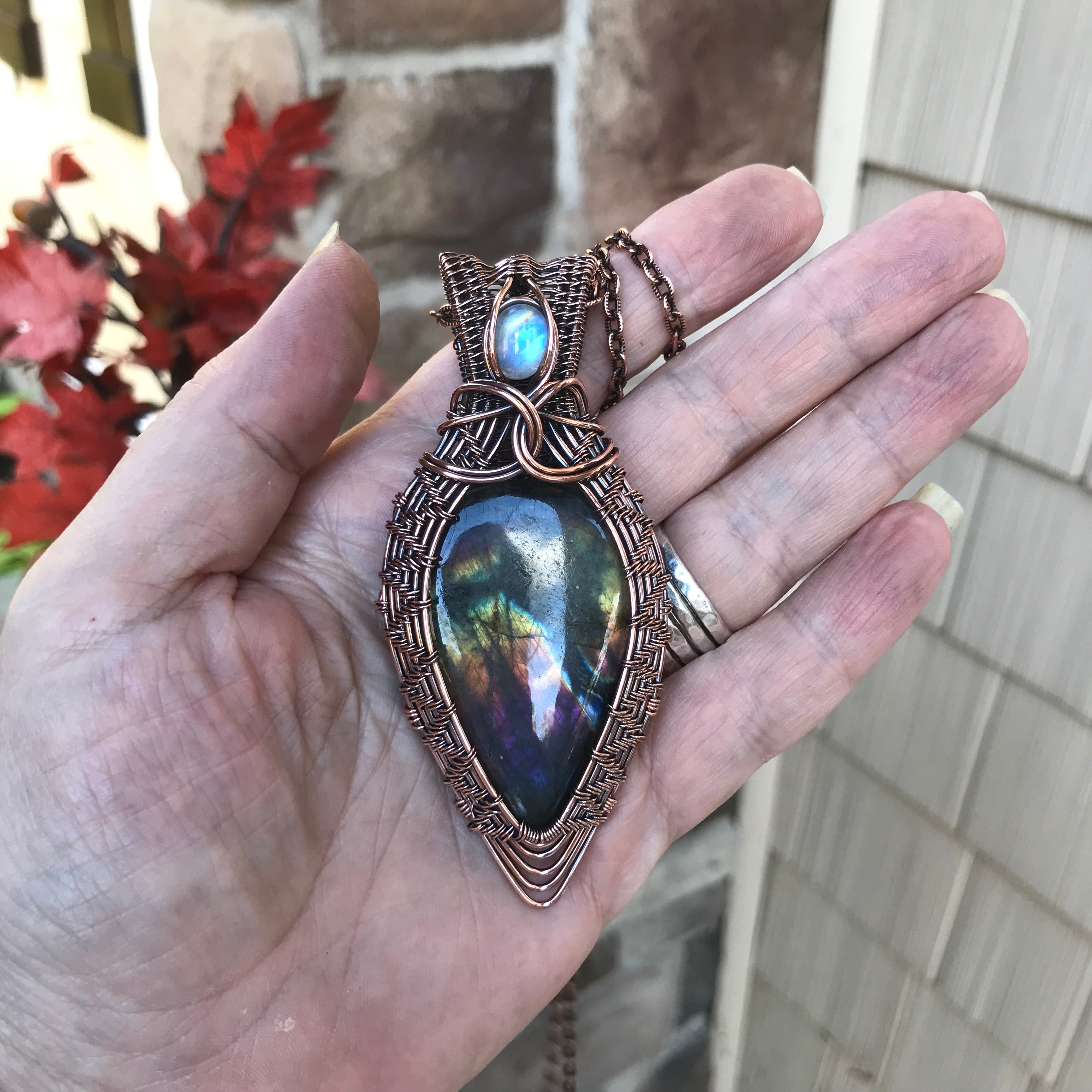 Rainbow Labradorite & Moonstone Copper Wire Weave Pendant