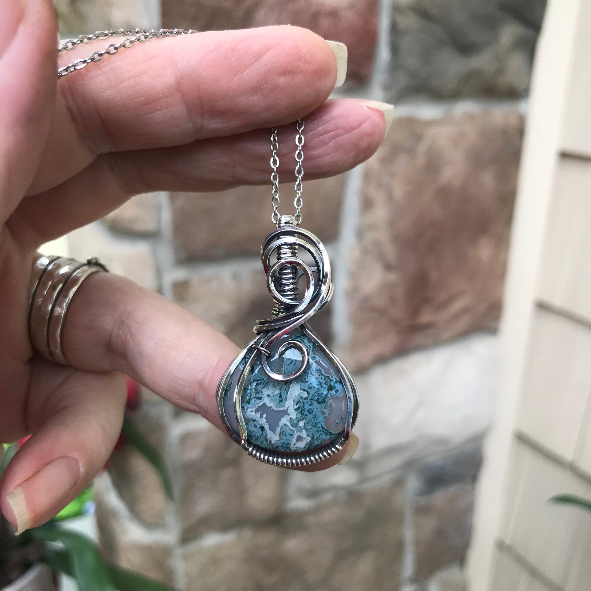 Teal Moss Agate  Sterling Silver Necklace
