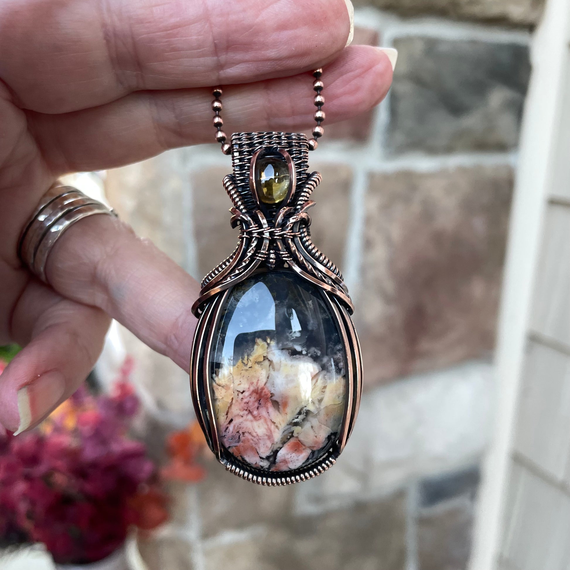Feather Ridge Plume Agate & Citrine Copper Pendant with Weaving