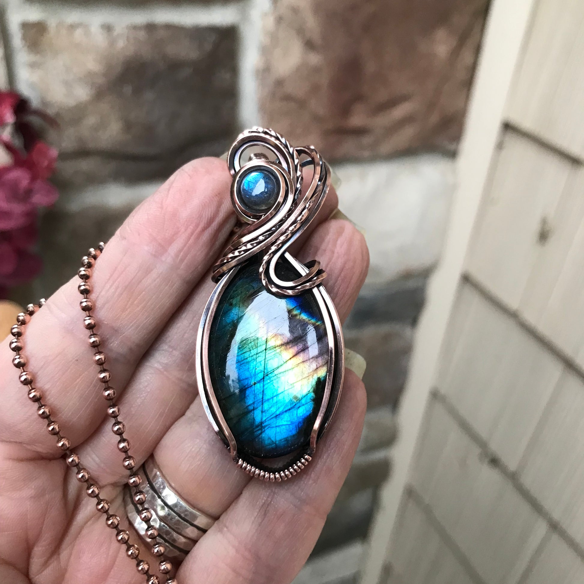 Blue Rainbow Oval Labradorite Copper Pendant