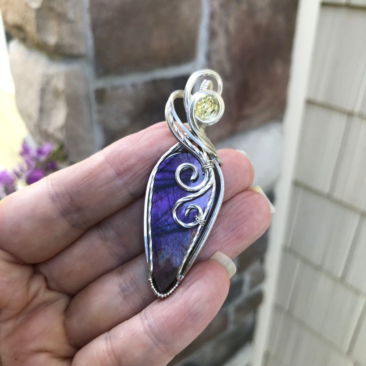 Purple Labradorite & Lemon Quartz Teardrop Silver Necklace
