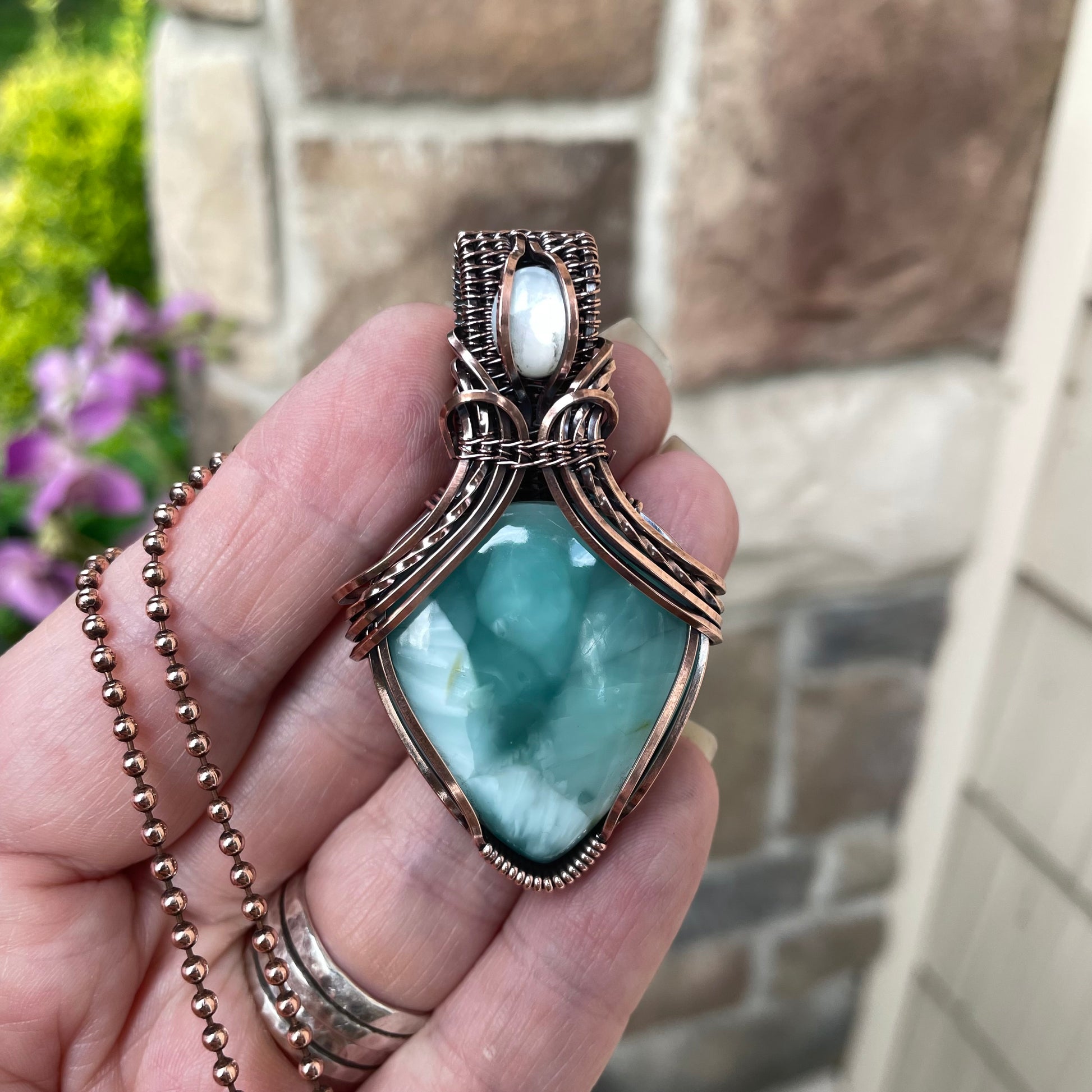 Hemimorphite & Mother of Pearl Copper Pendant with Woven Bail