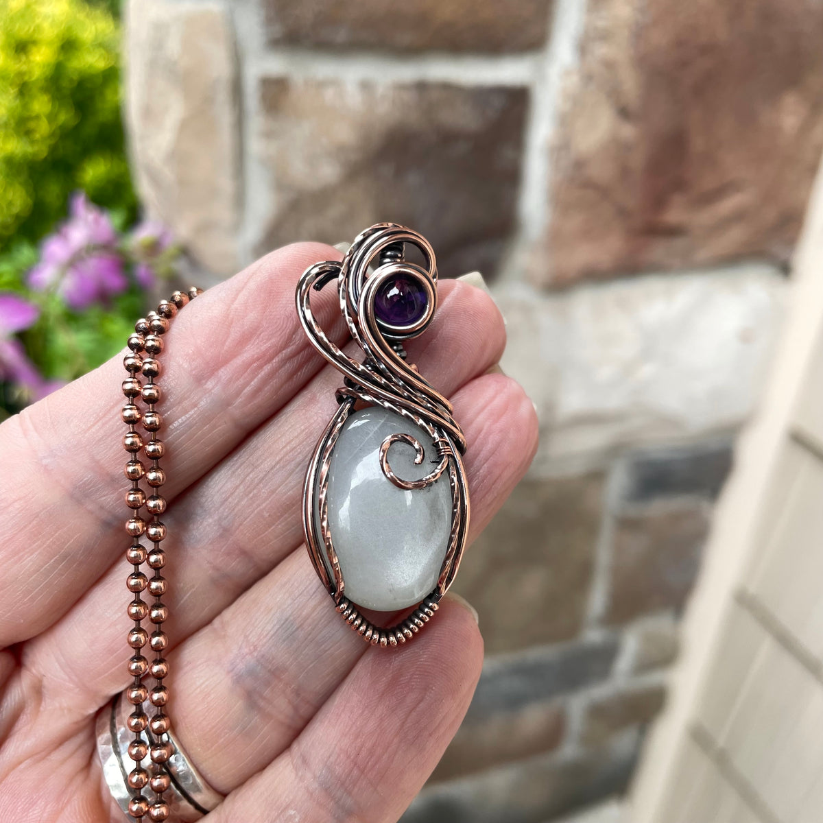 Whie Moonstone & Amethyst Copper Pendant