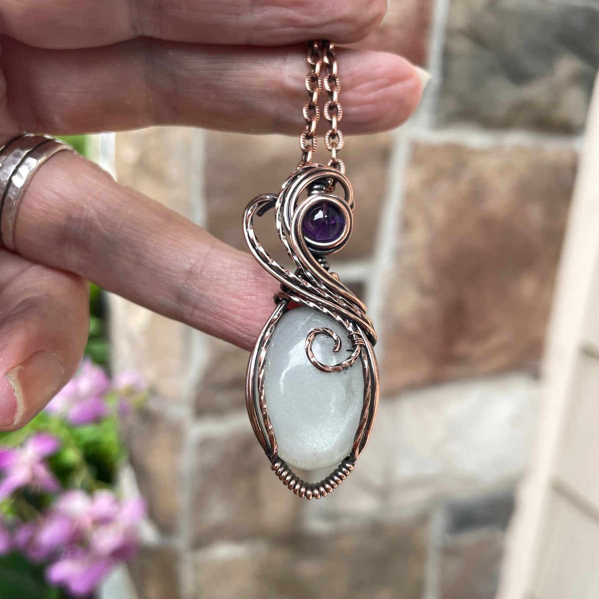 Whie Moonstone & Amethyst Copper Pendant