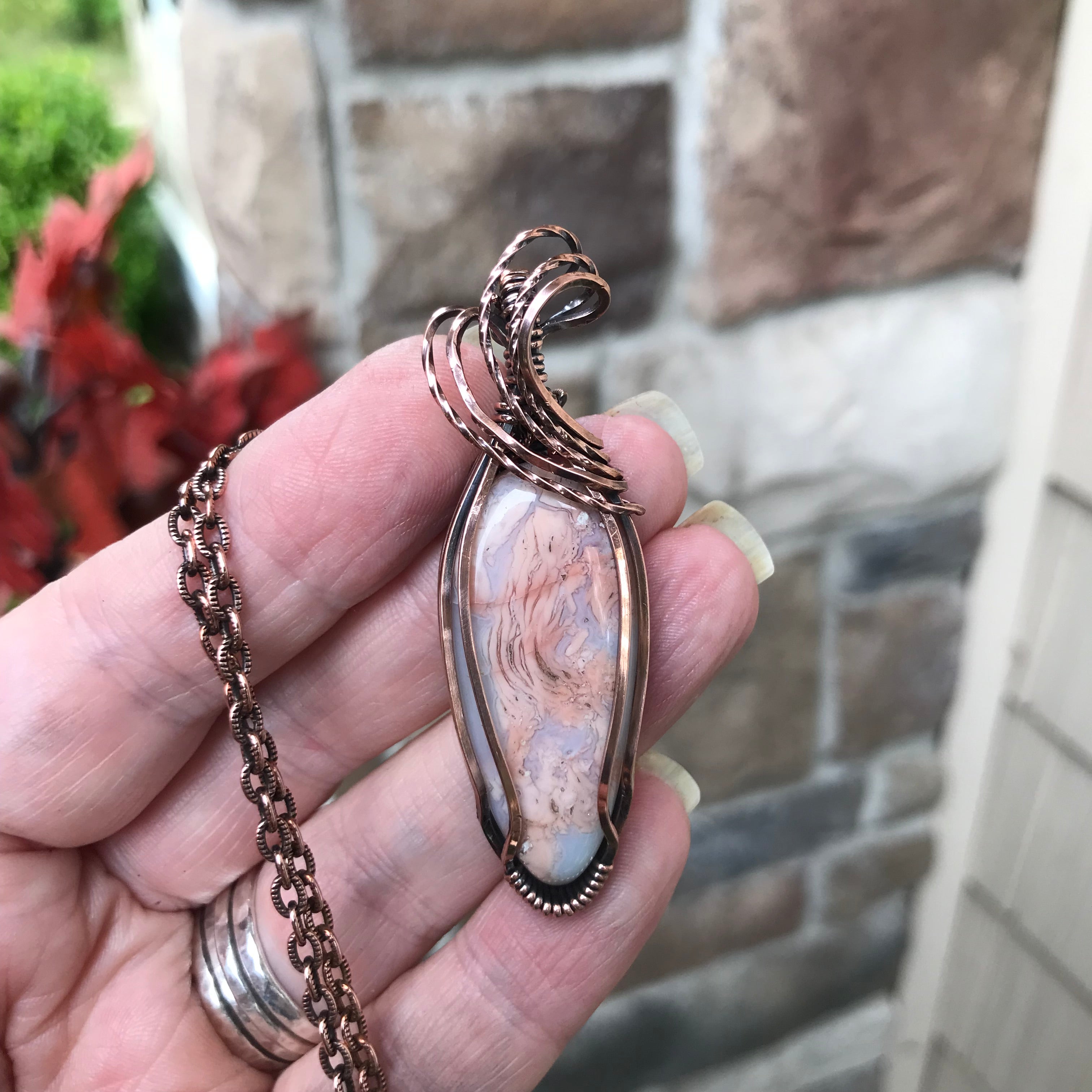 Cotton Candy Agate & Faceted Rose Quartz Copper Pendant