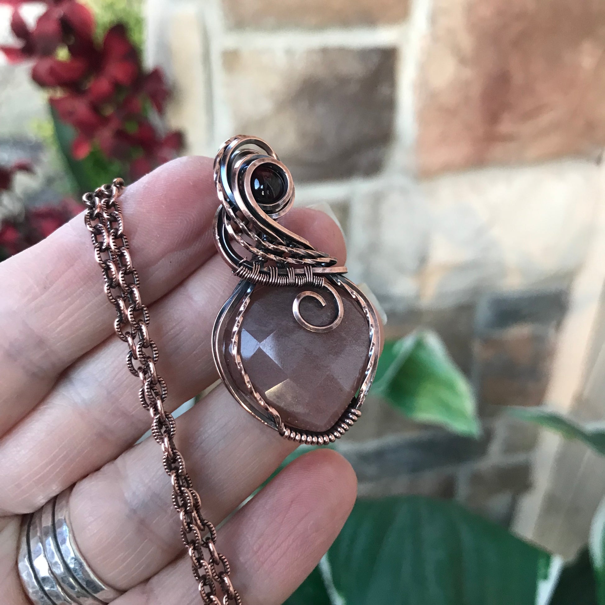 Peach Moonstone & Garnet Copper Necklace