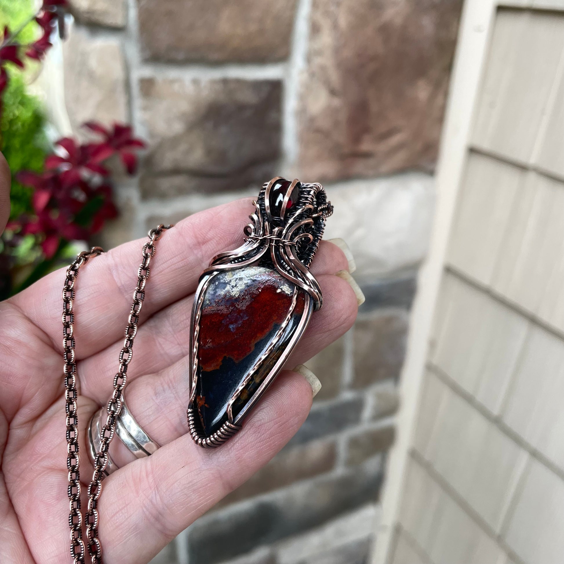 Maroon Crazy Lace Agate & Garnet Copper Pendant