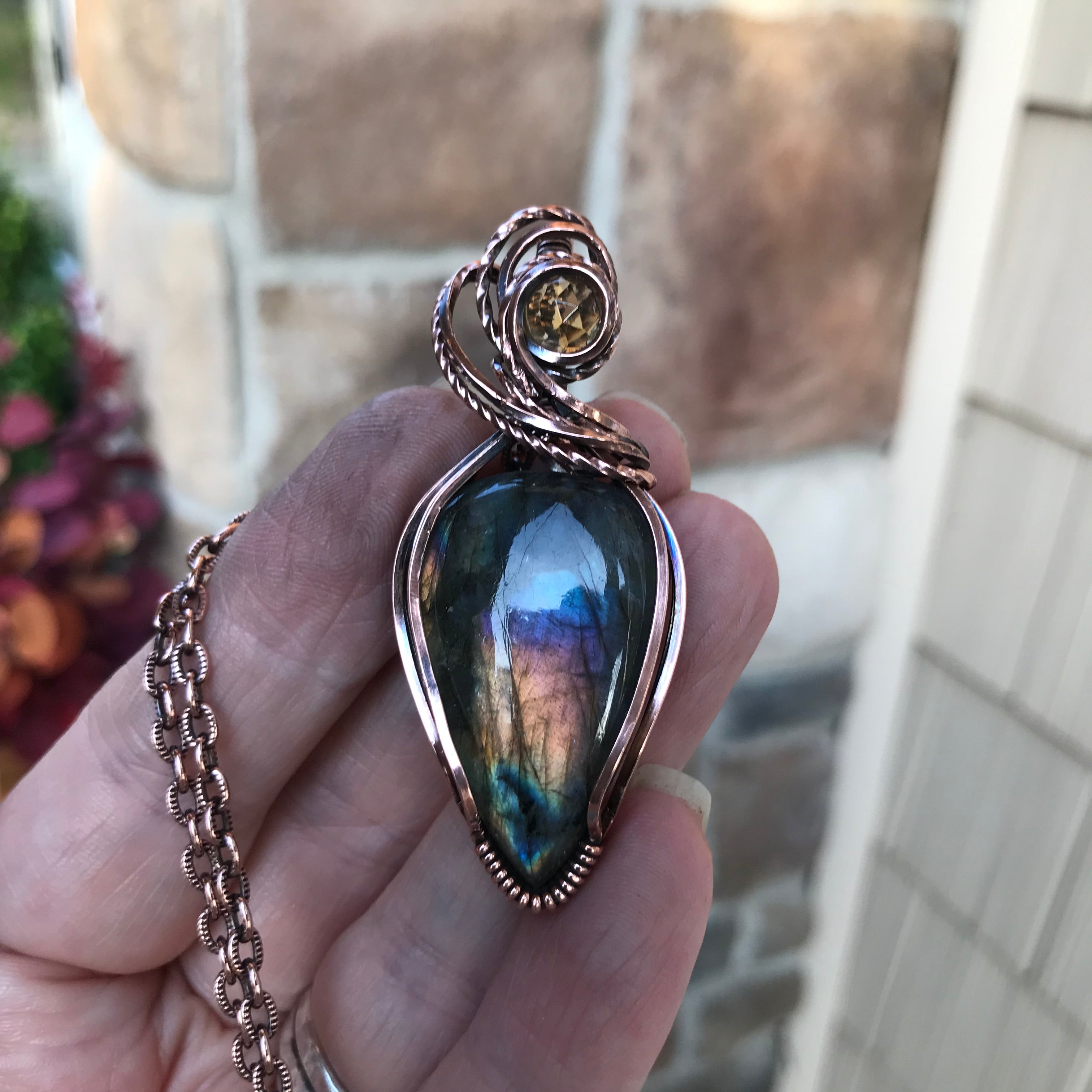 Rainbow Labradorite & Citrine Copper Pendant