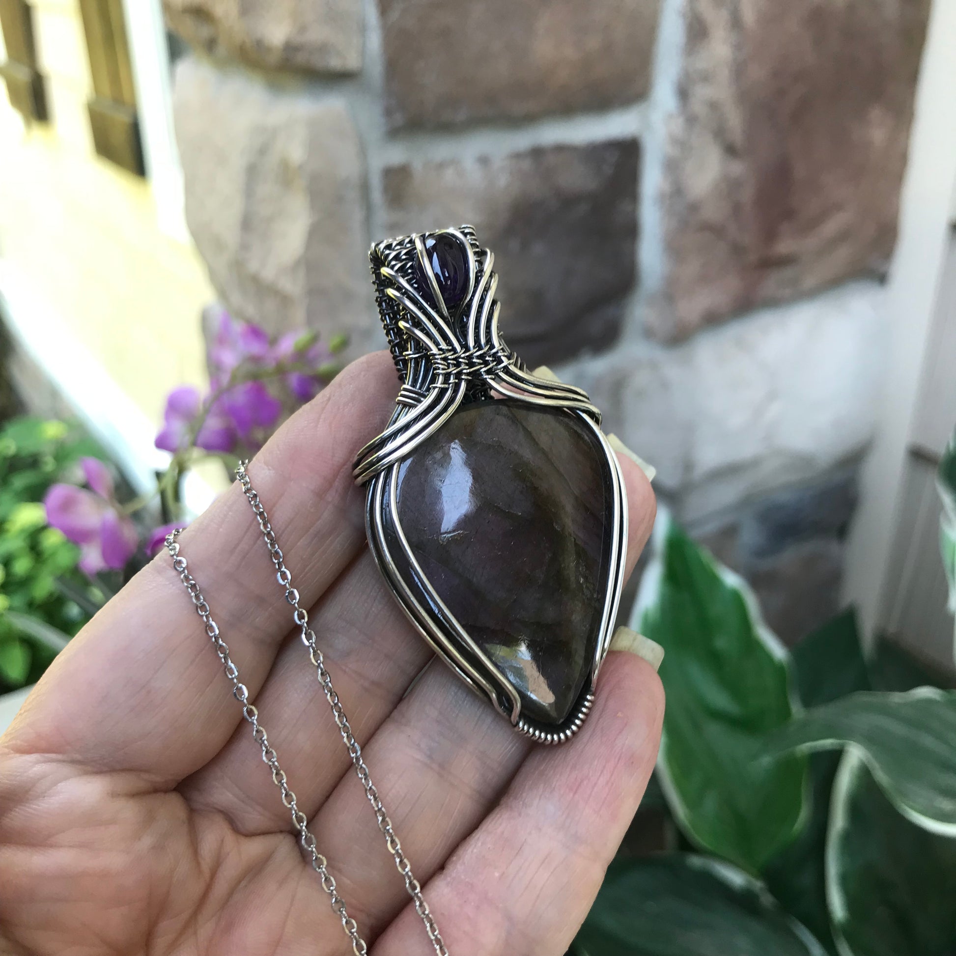 Purple Labradorite & Amethyst Silver Pendant