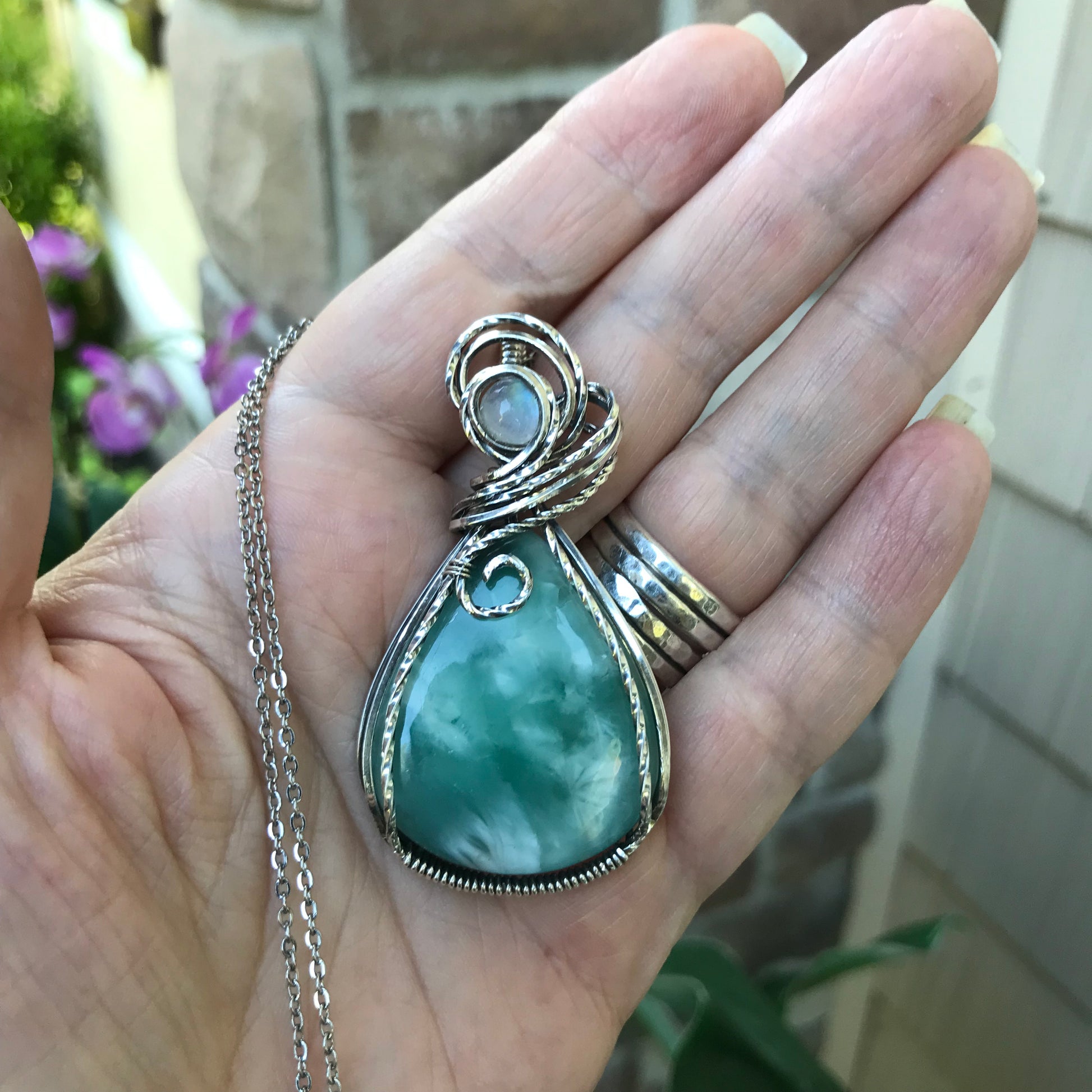 Hemimorphite & Moonstone Sterling Silver Pendant with Swirls