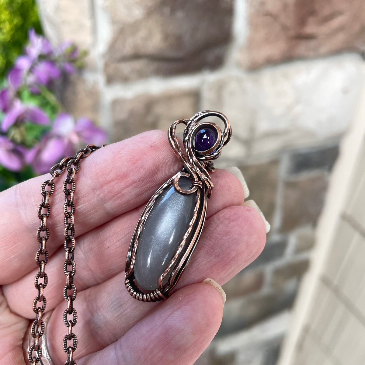 Gray Moonstone & Amethyst Copper Pendant