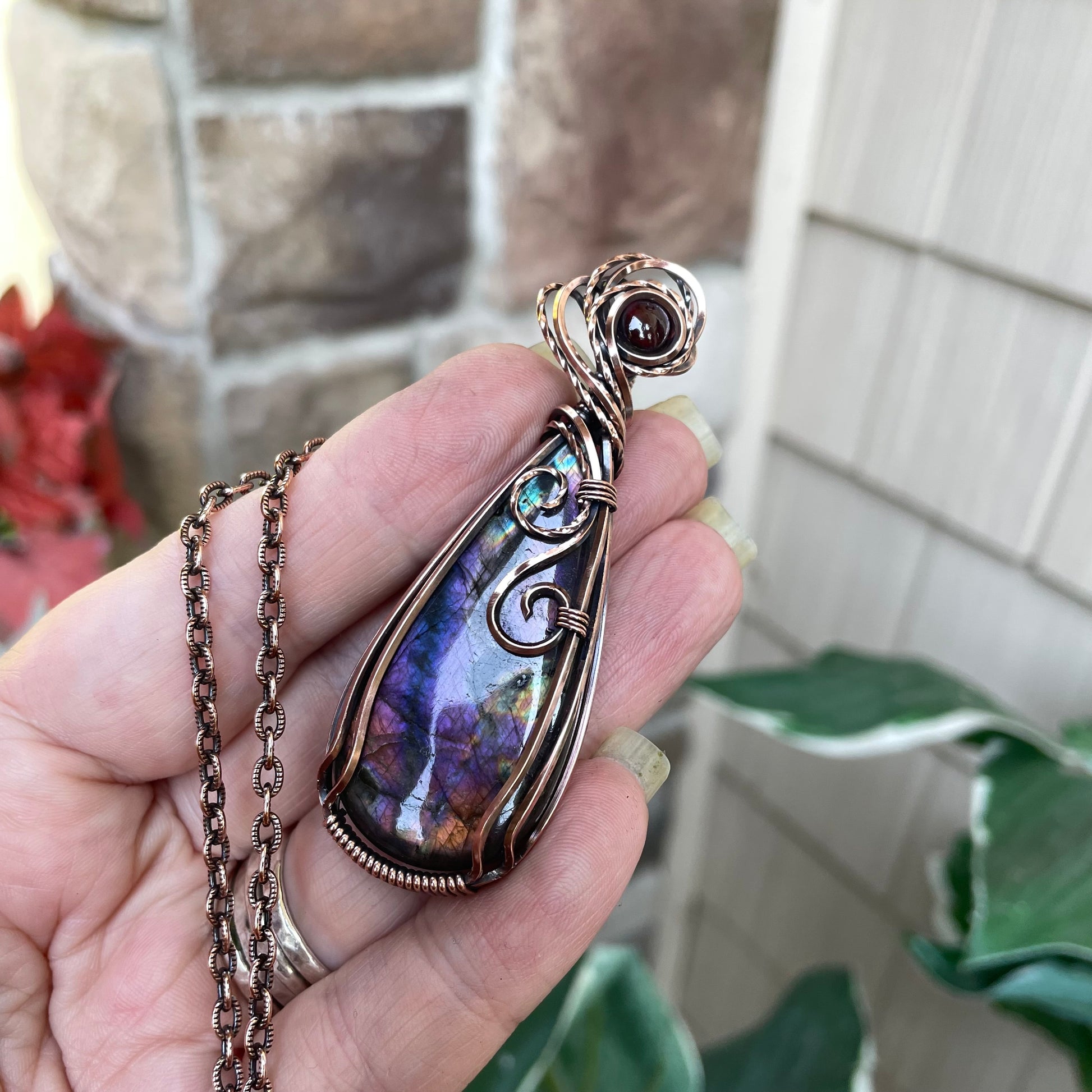 Purple Orange Labradorite & Garnet Copper Pendant