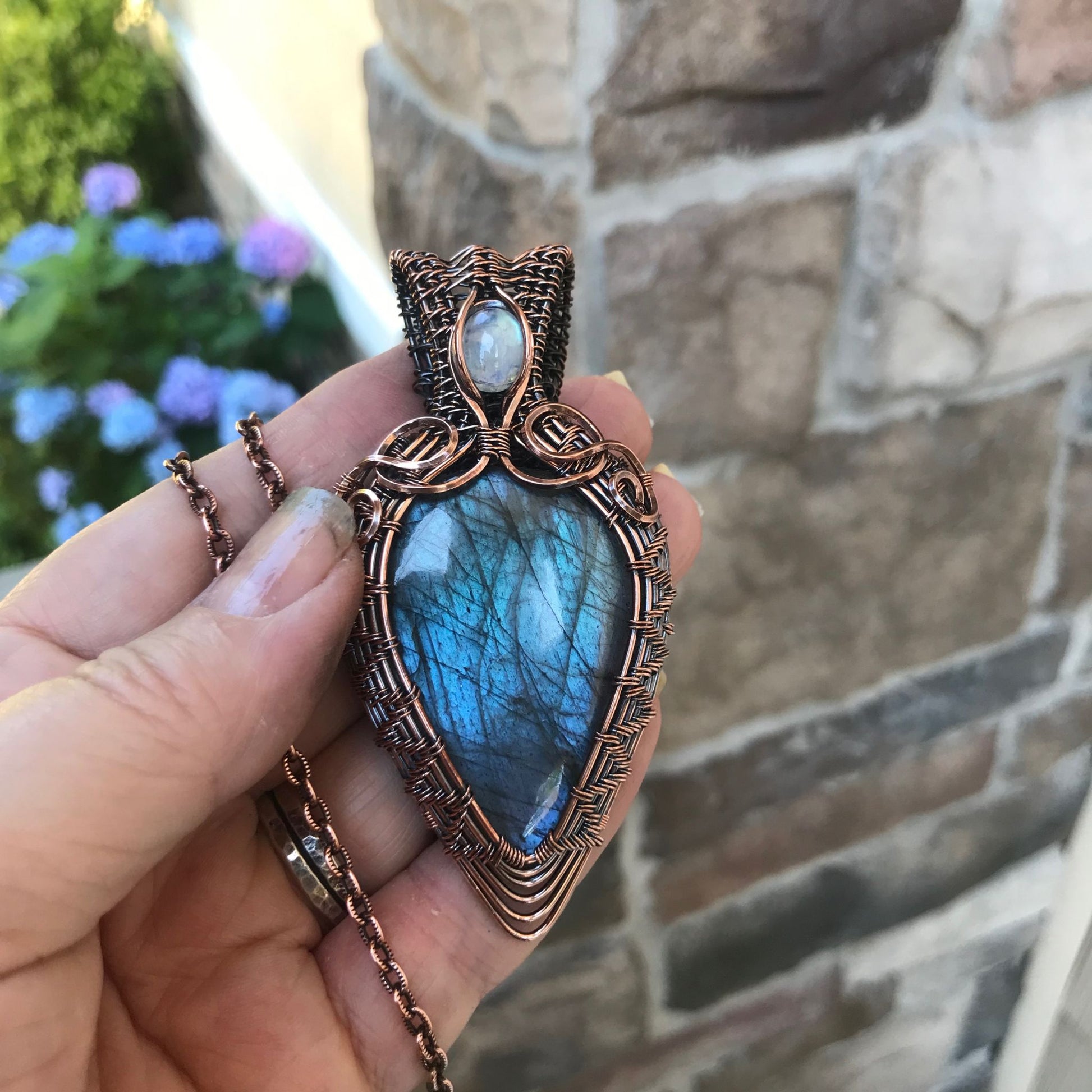 Blue Purple Labradorite & Moonstone Woven Copper Pendant