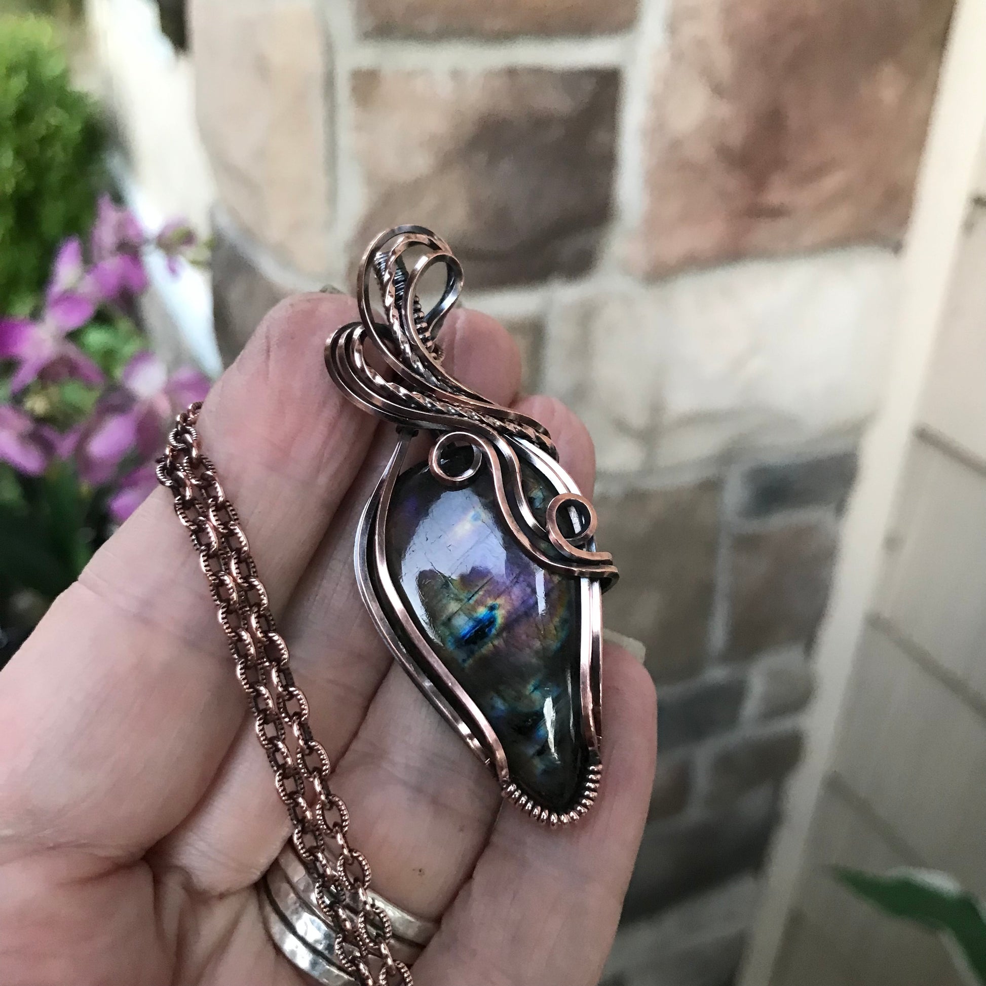 Purple Pink Labradorite Swirly Copper Necklace