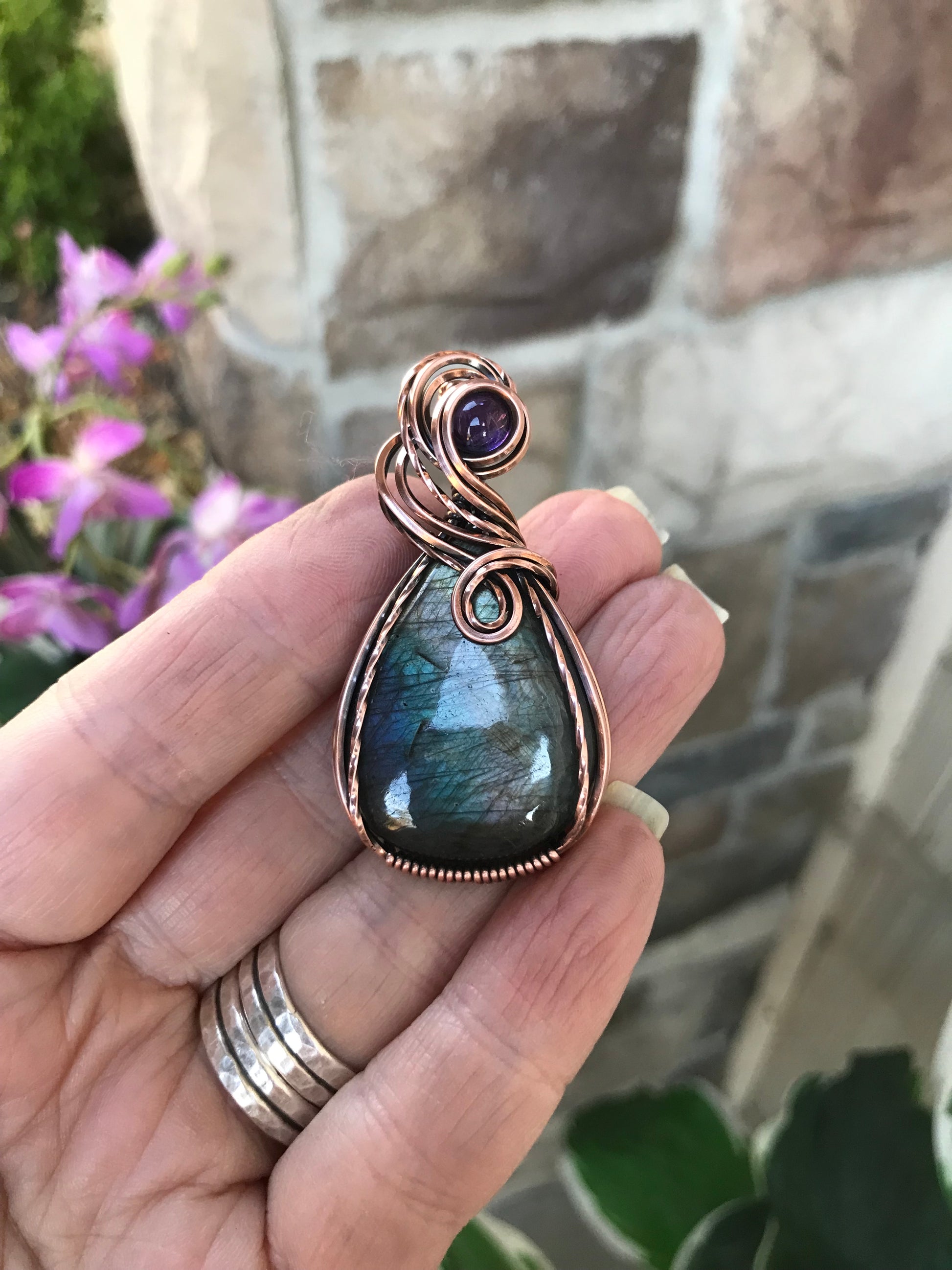 Smoky Blue Silver Labradorite & Amethyst Copper Pendant