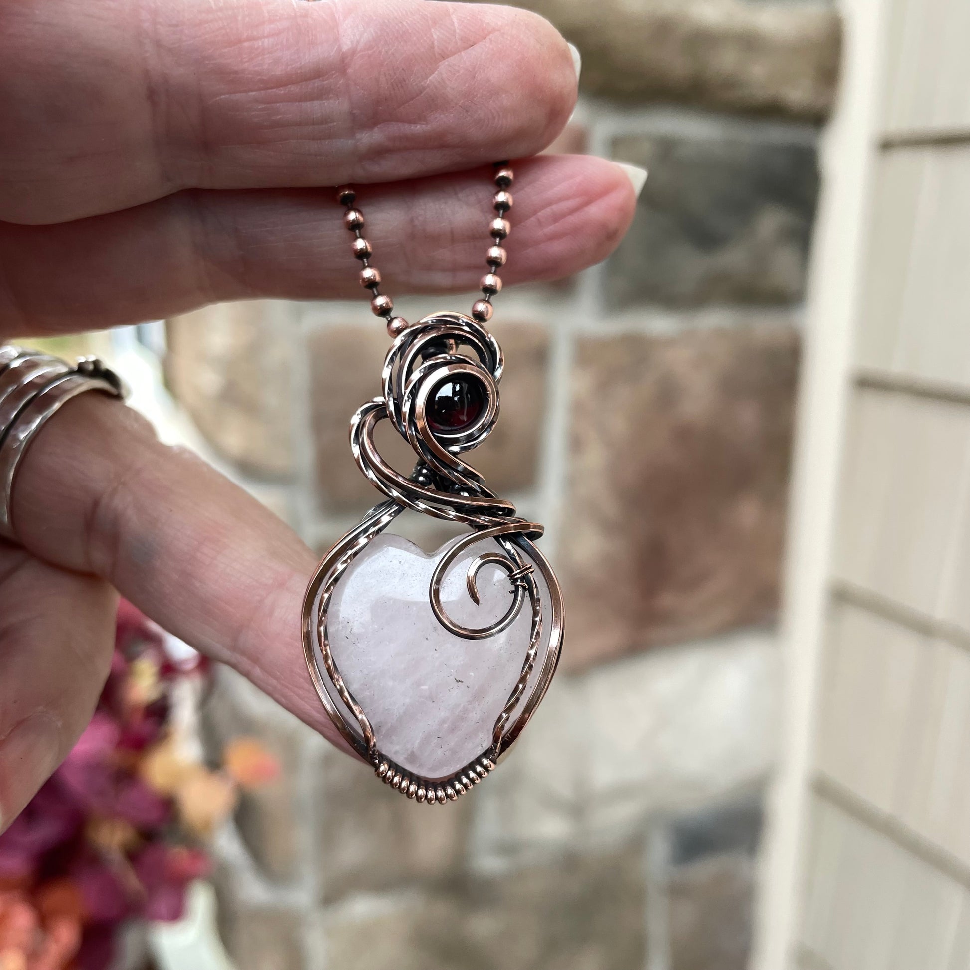 Rose Quartz & Garnet Heart Copper Pendant