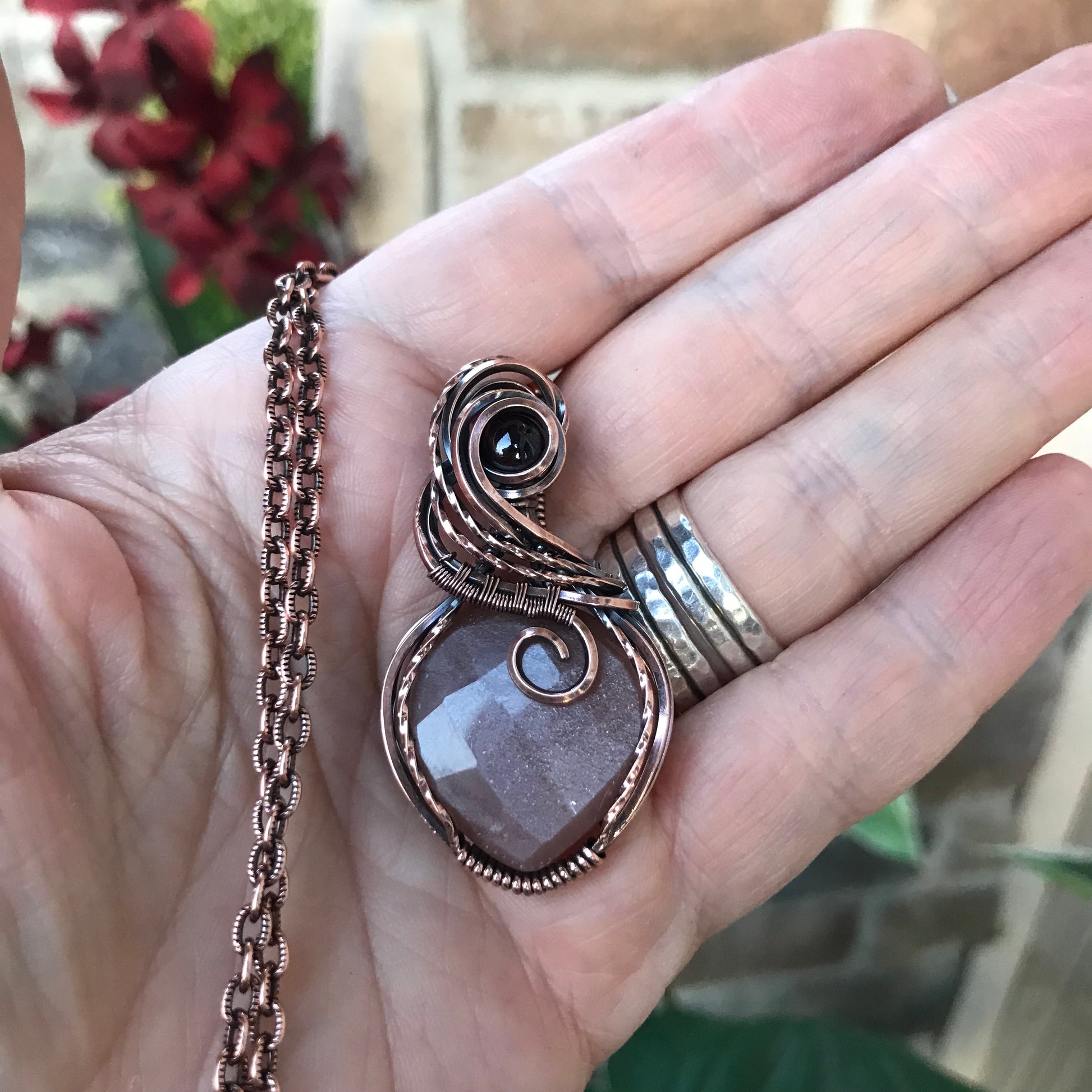 Peach Moonstone & Garnet Copper Necklace