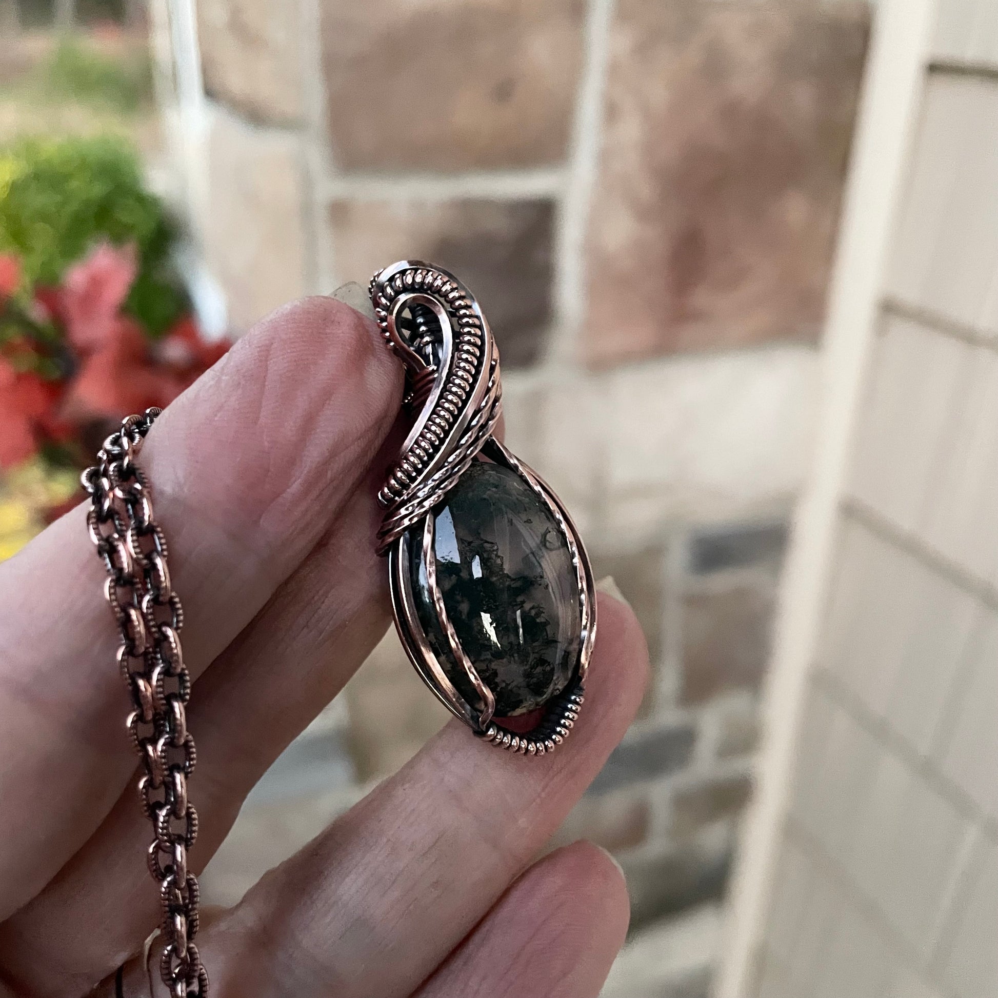 Moss Agate Oval Copper Pendant