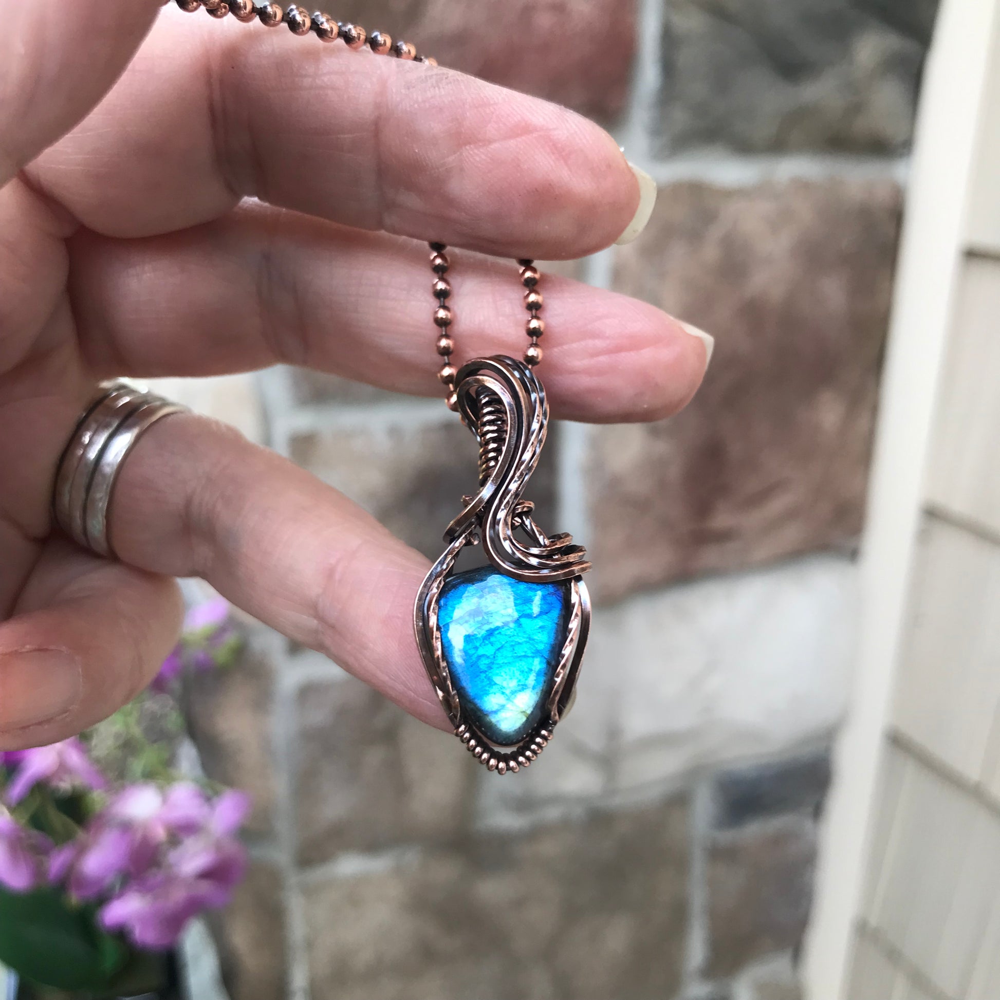Blue Teal Labradorite Small Copper Pendant