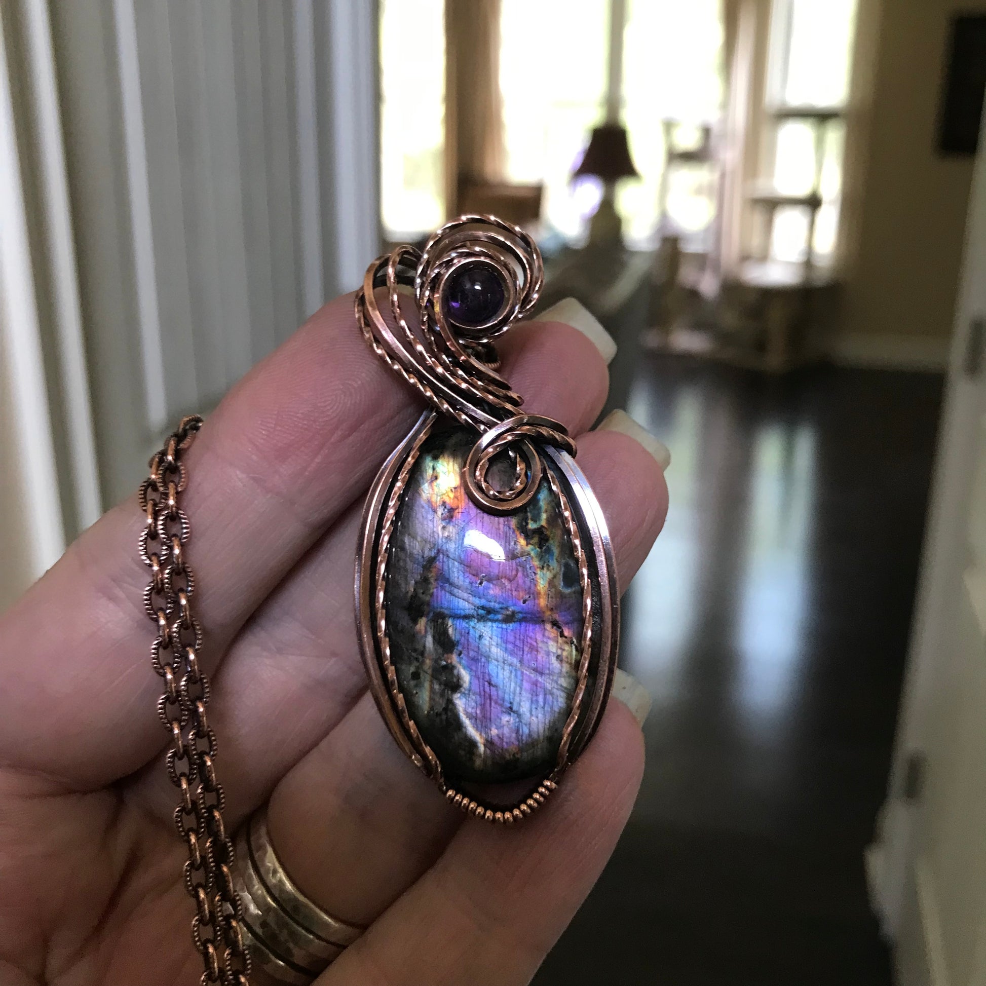 Smoky Purple Rainbow Labradorite & Amethyst Oval Copper Pendant
