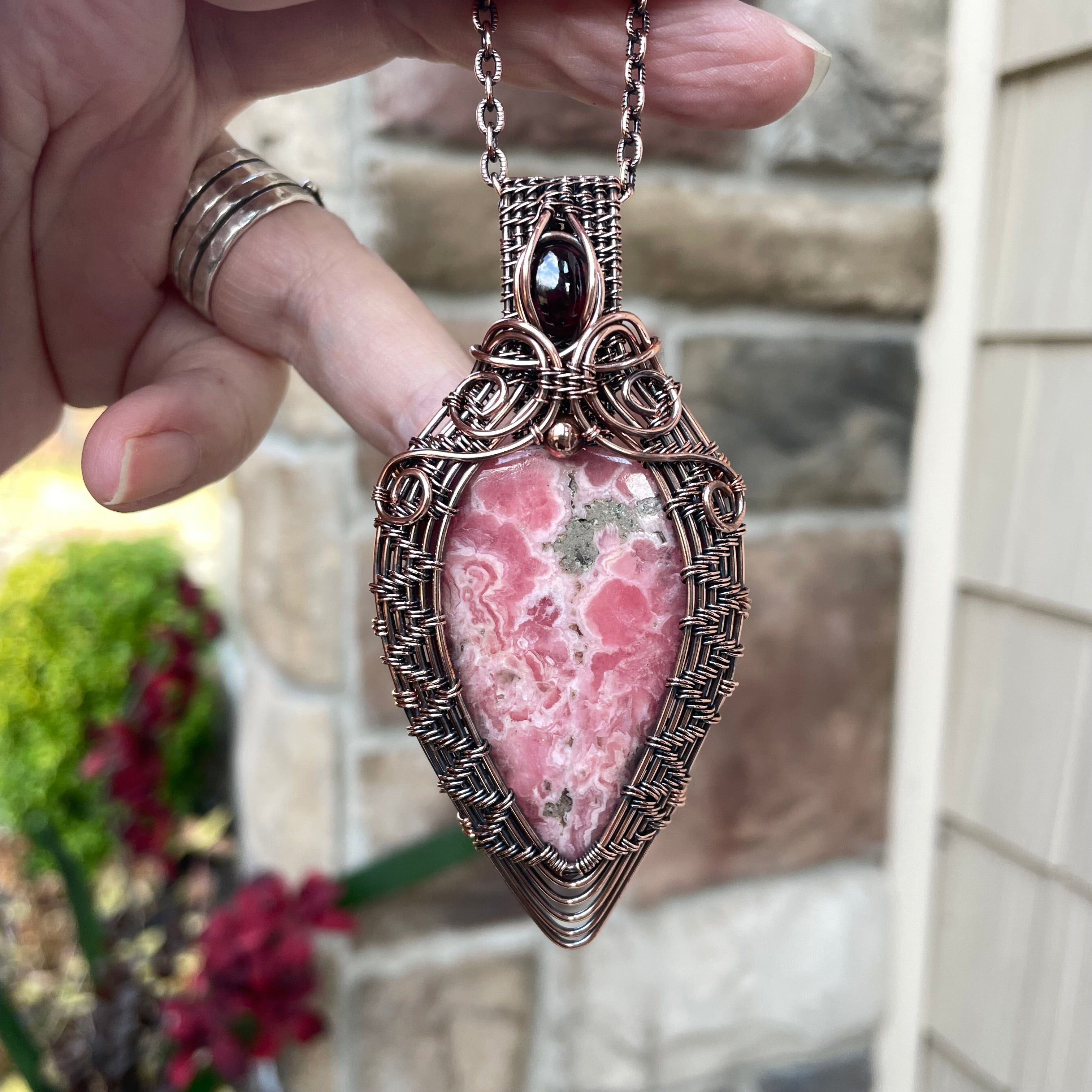 Rhodochrosite & Garnet Woven Copper Pendant