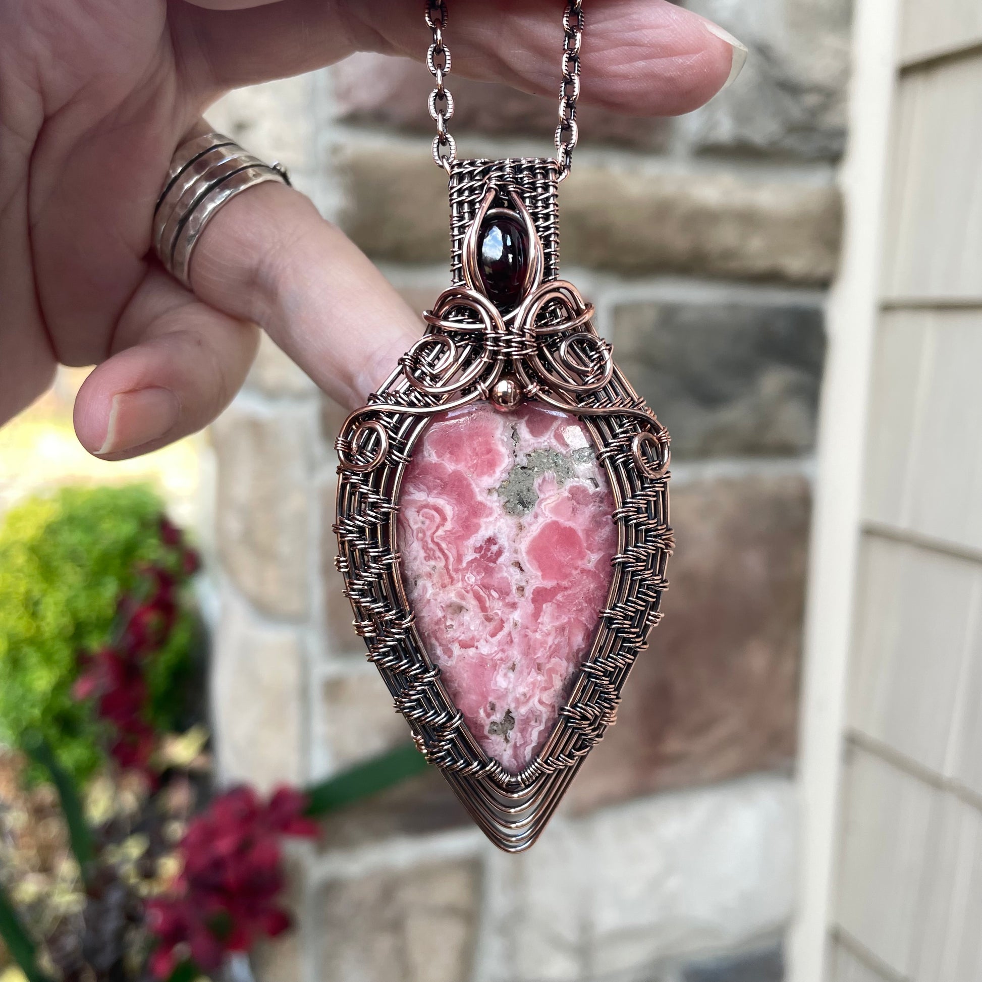 Rhodochrosite & Garnet Woven Copper Pendant
