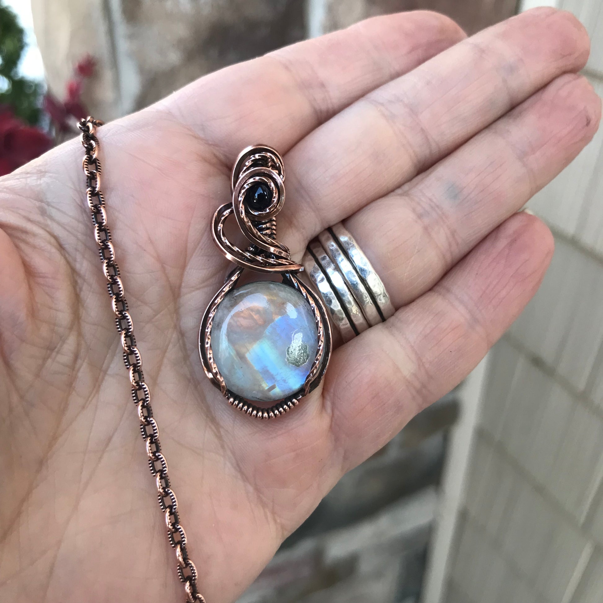 Rainbow Moonstone & Iolite Copper Pendant