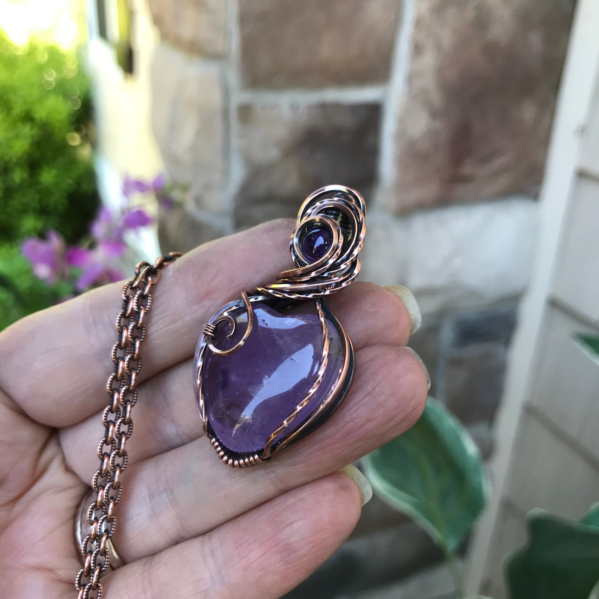 Amethyst Heart with Amethyst Accent Copper Pendant